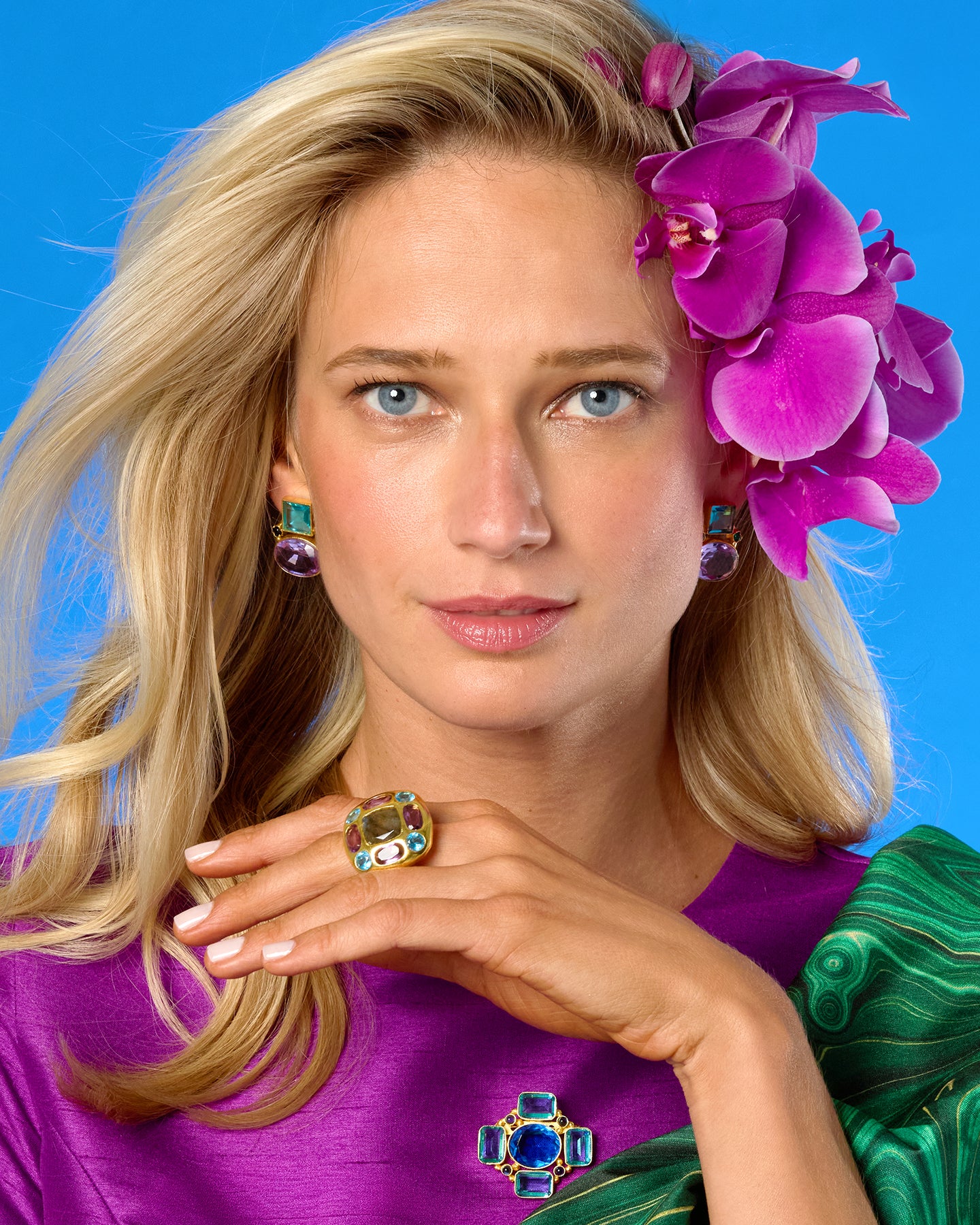 A model wears the Lennox Statement Ring in Jewel Tones
