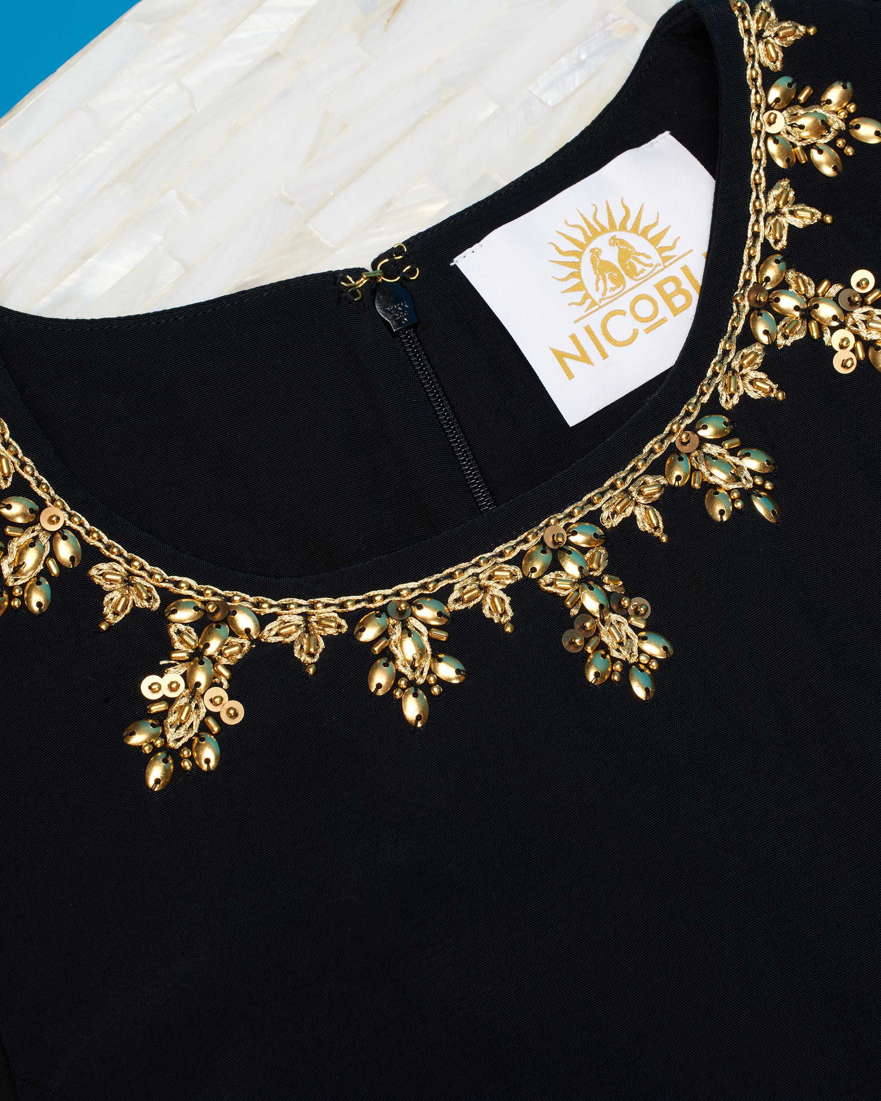 Amaris Black Midi Sheath Dress and Gold Embellishment-Detail