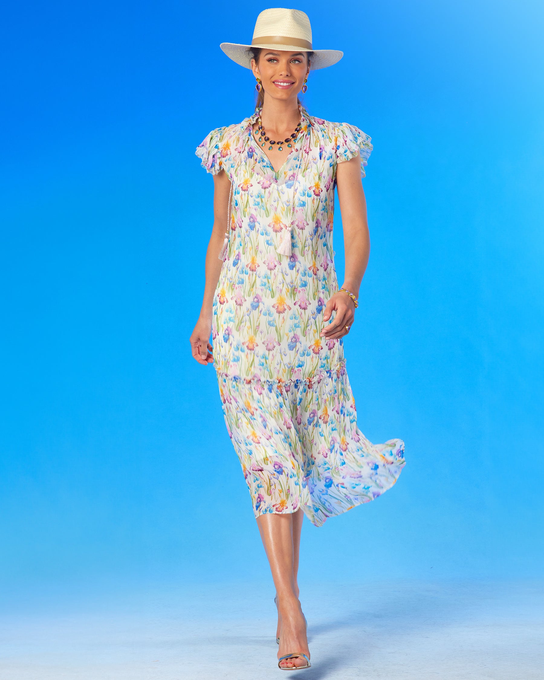 Amelie Midi Crinkle Chiffon Dress in Iris Elysian Meadow