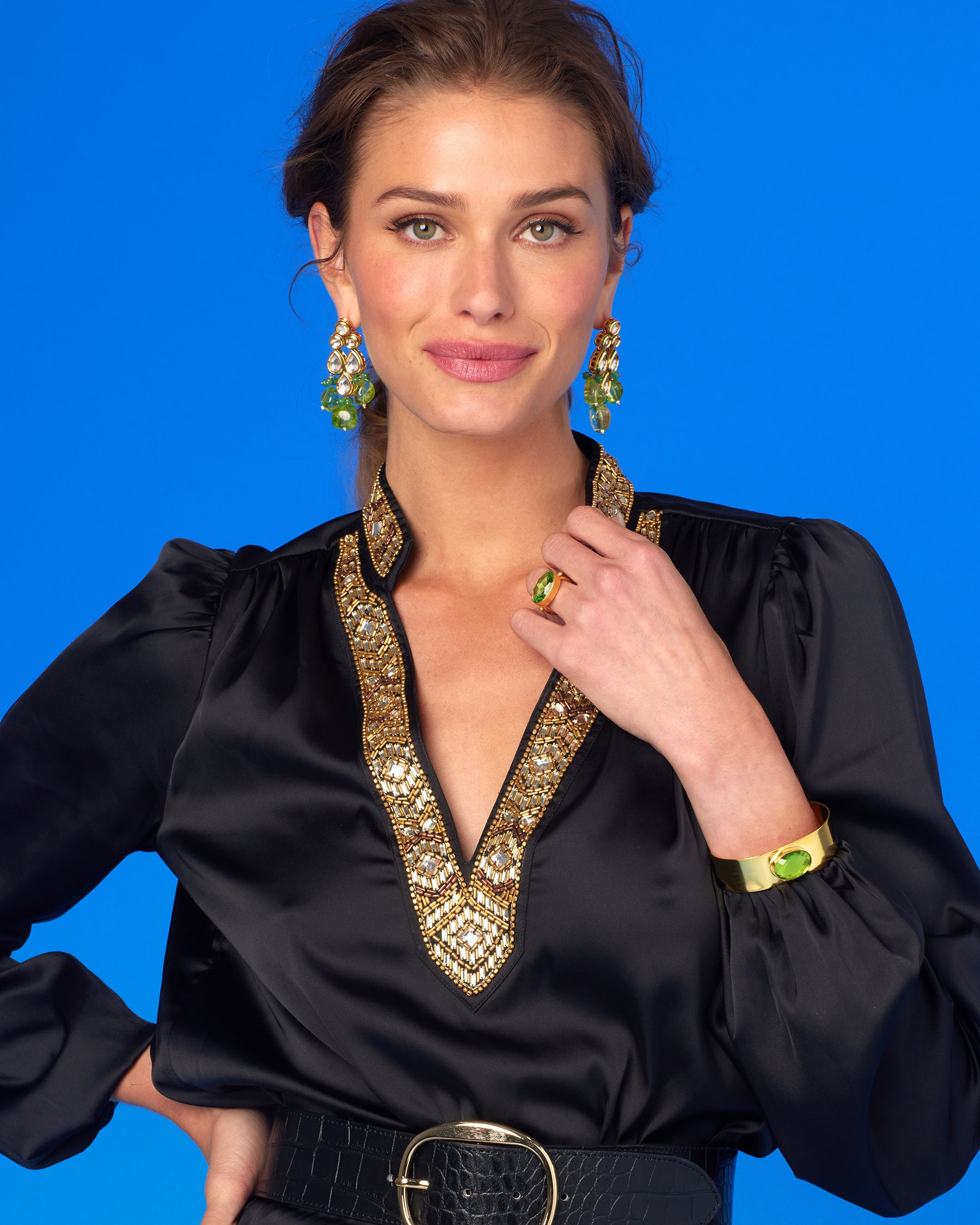 Ravenna Statement Cuff Bracelet in Radiant Lime-Wearing the Anastasia Blouse in Black and Art Deco Embellishment