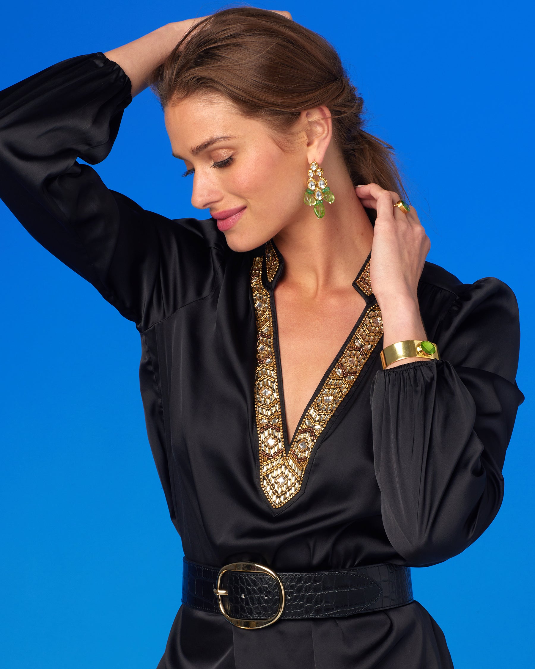 Sharawar Earrings in Peridot Green-Wearing the Anastasia Blouse