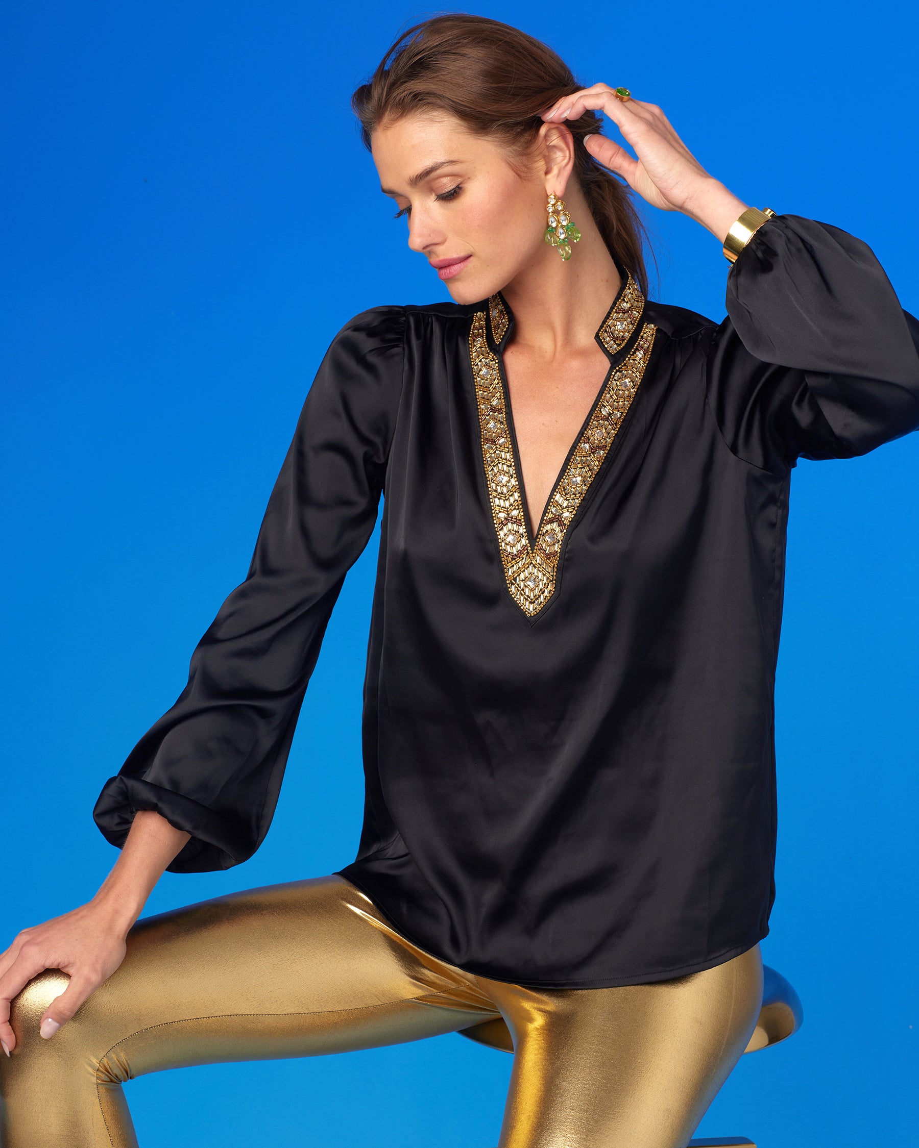 Anastasia Blouse in Black and Art Deco Embellishment-Arms Up