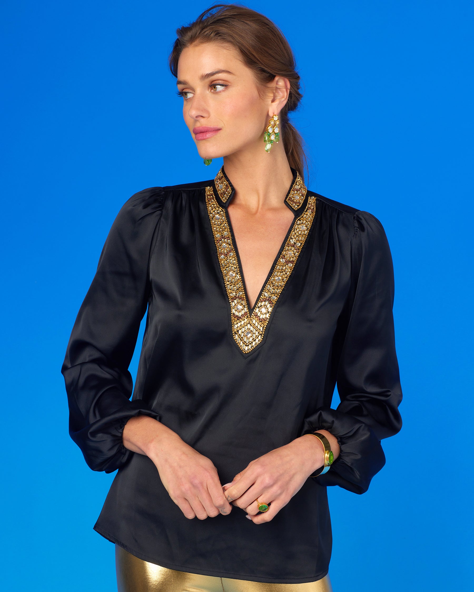 Anastasia Blouse in Black and Art Deco Embellishment with the bluse untucked