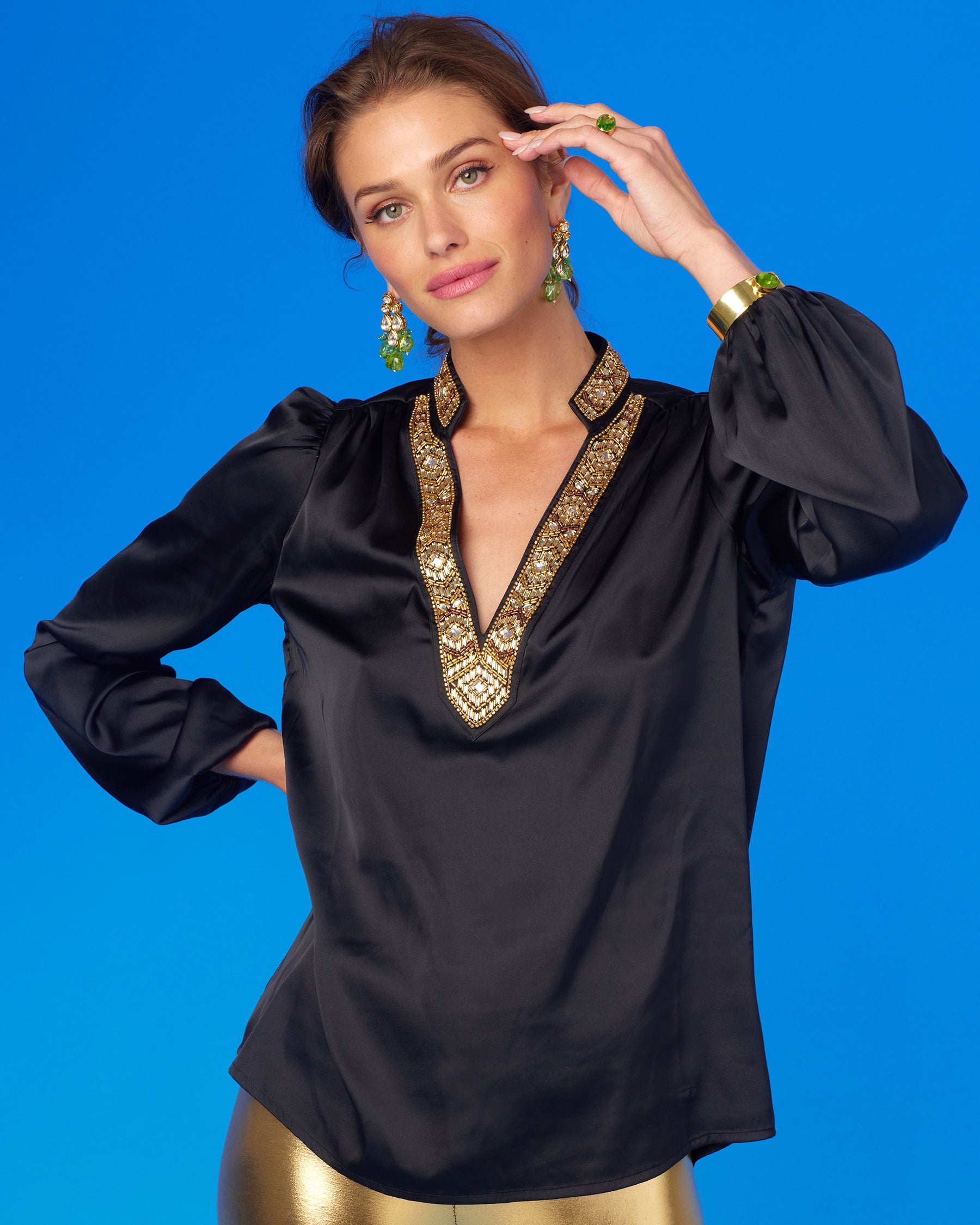 Anastasia Blouse in Black and Art Deco Embellishment with shirt worn untucked and arm up
