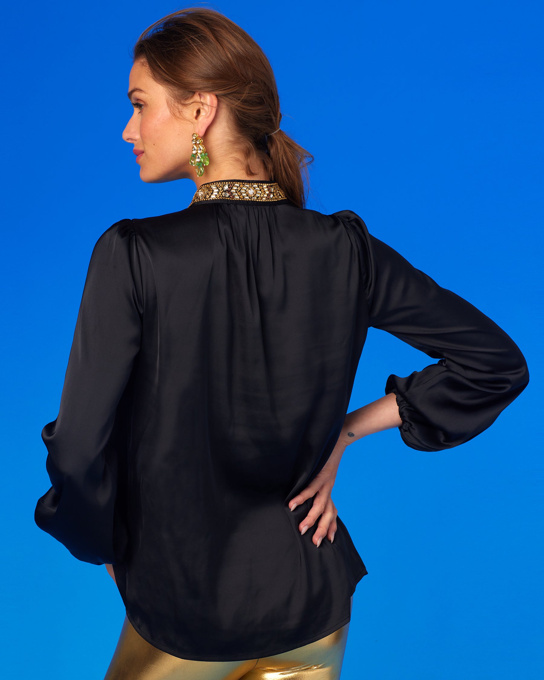 Anastasia Blouse in Black and Art Deco Embellishment-Back View