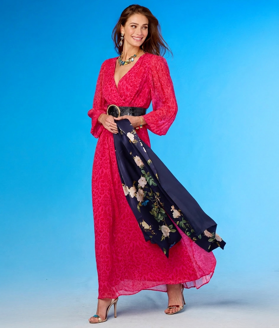 Woman wearing a bright pink dress with a floral scarf against a blue background