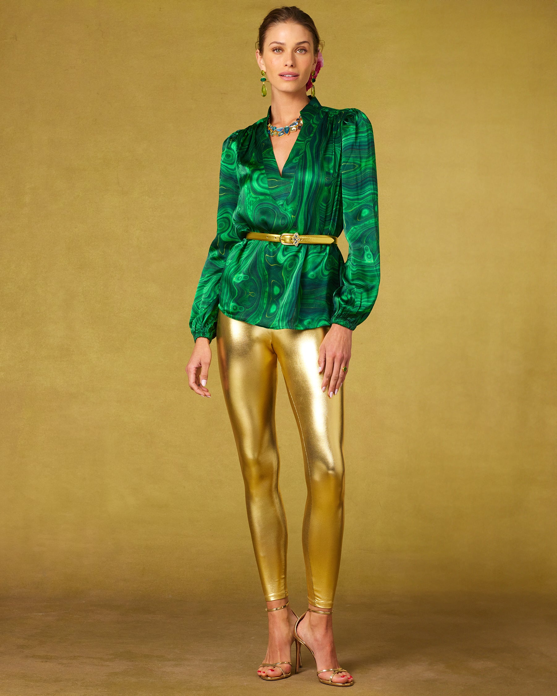 Anastasia Silk Blouse in Precious Malachite-full length standing with the Roxana Gold Leggings