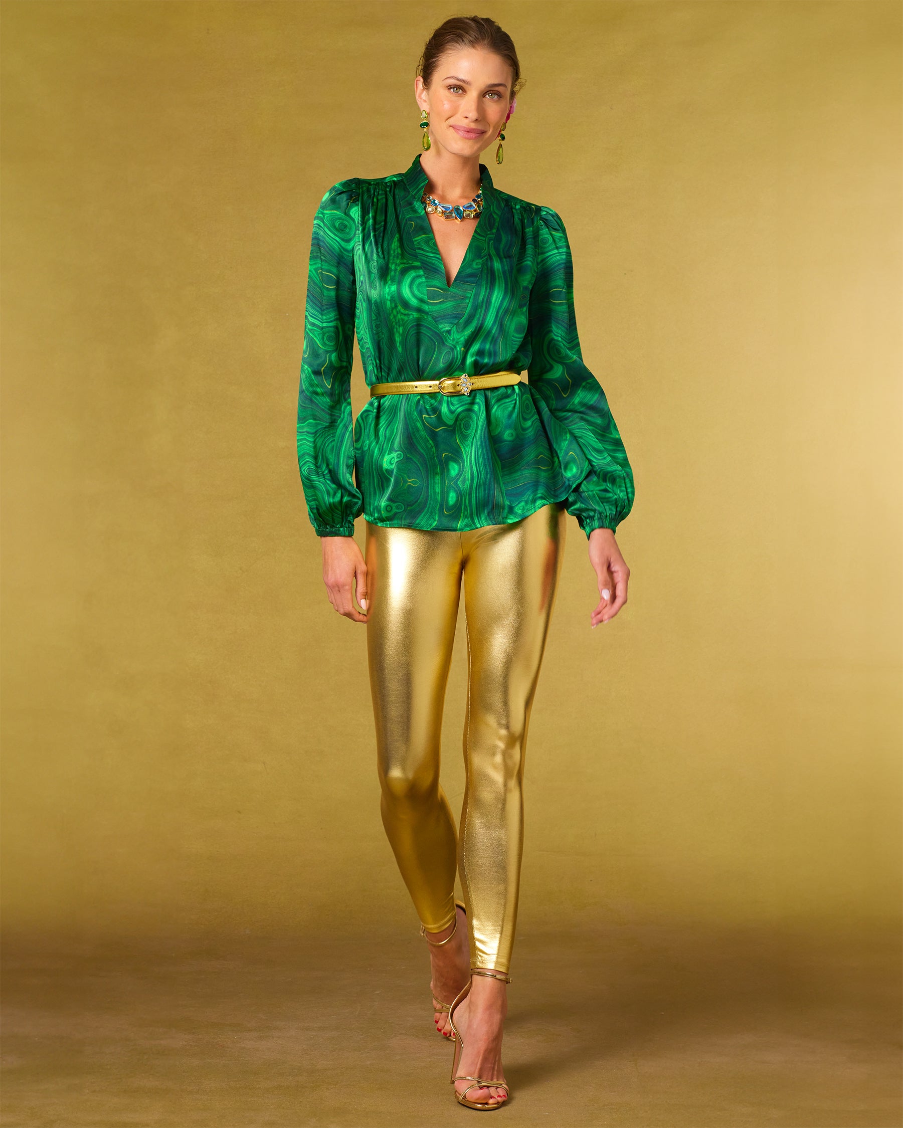 Anastasia Silk Blouse in Precious Malachite-Full length wearing the Roxana Gold Leggings