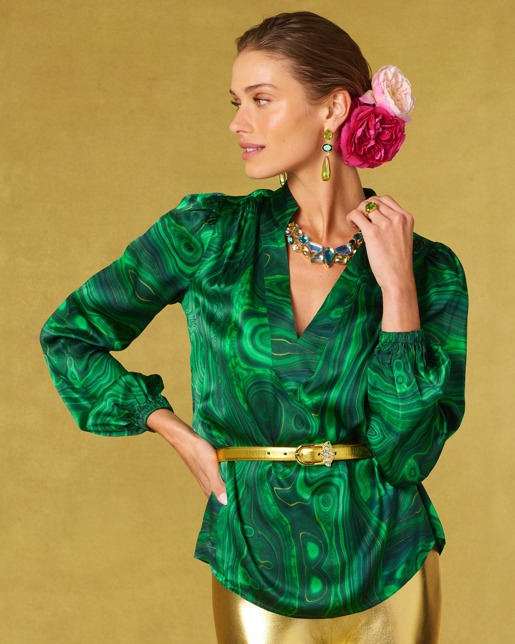 Anastasia Silk Blouse in Precious Malachite-Looking off to the side