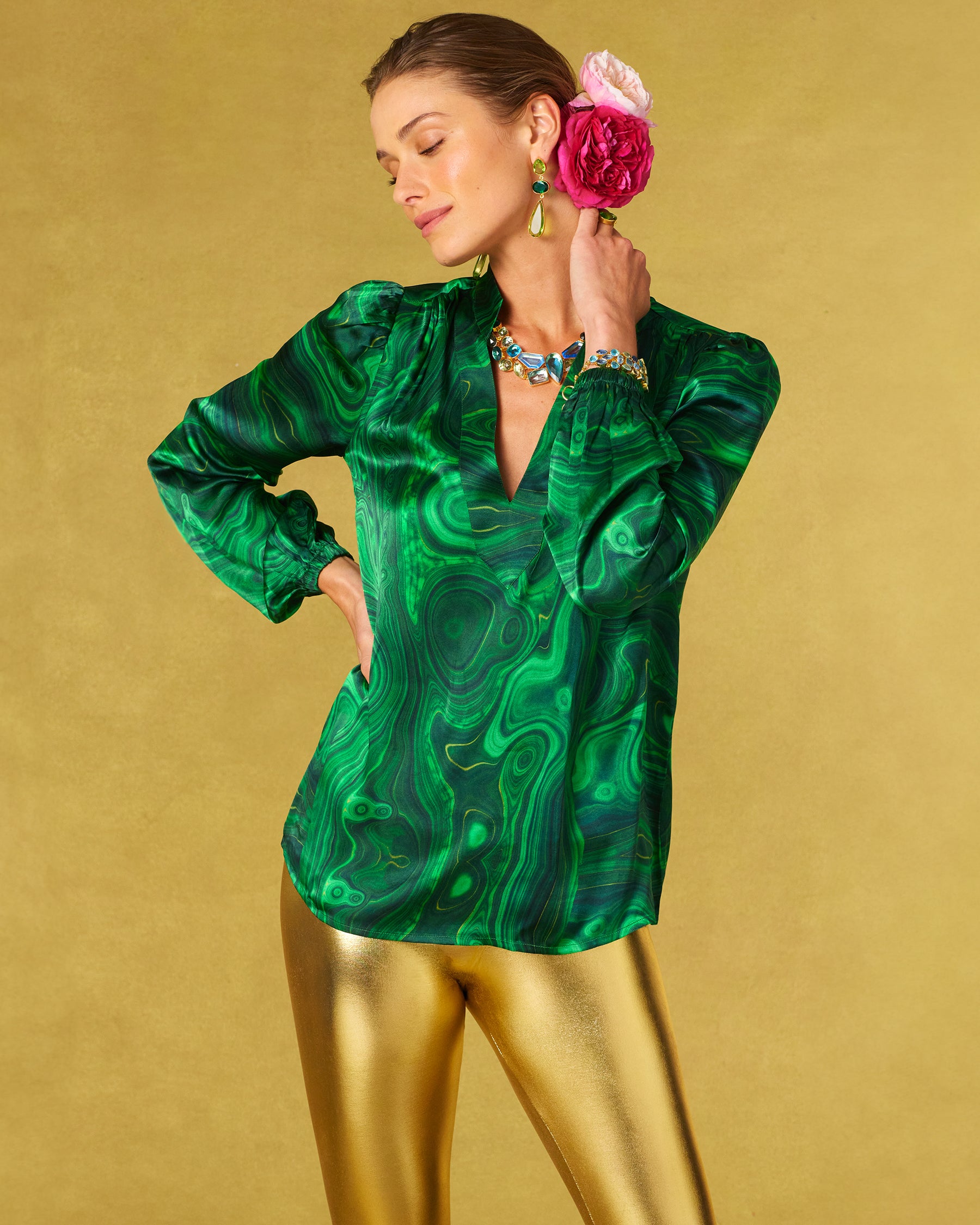 Anastasia Silk Blouse in Precious Malachite-blouse untucked