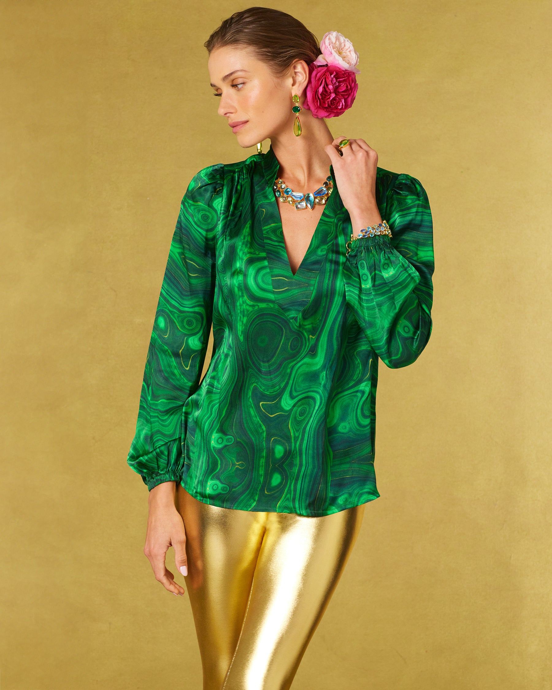 Anastasia Silk Blouse in Precious Malachite untucked