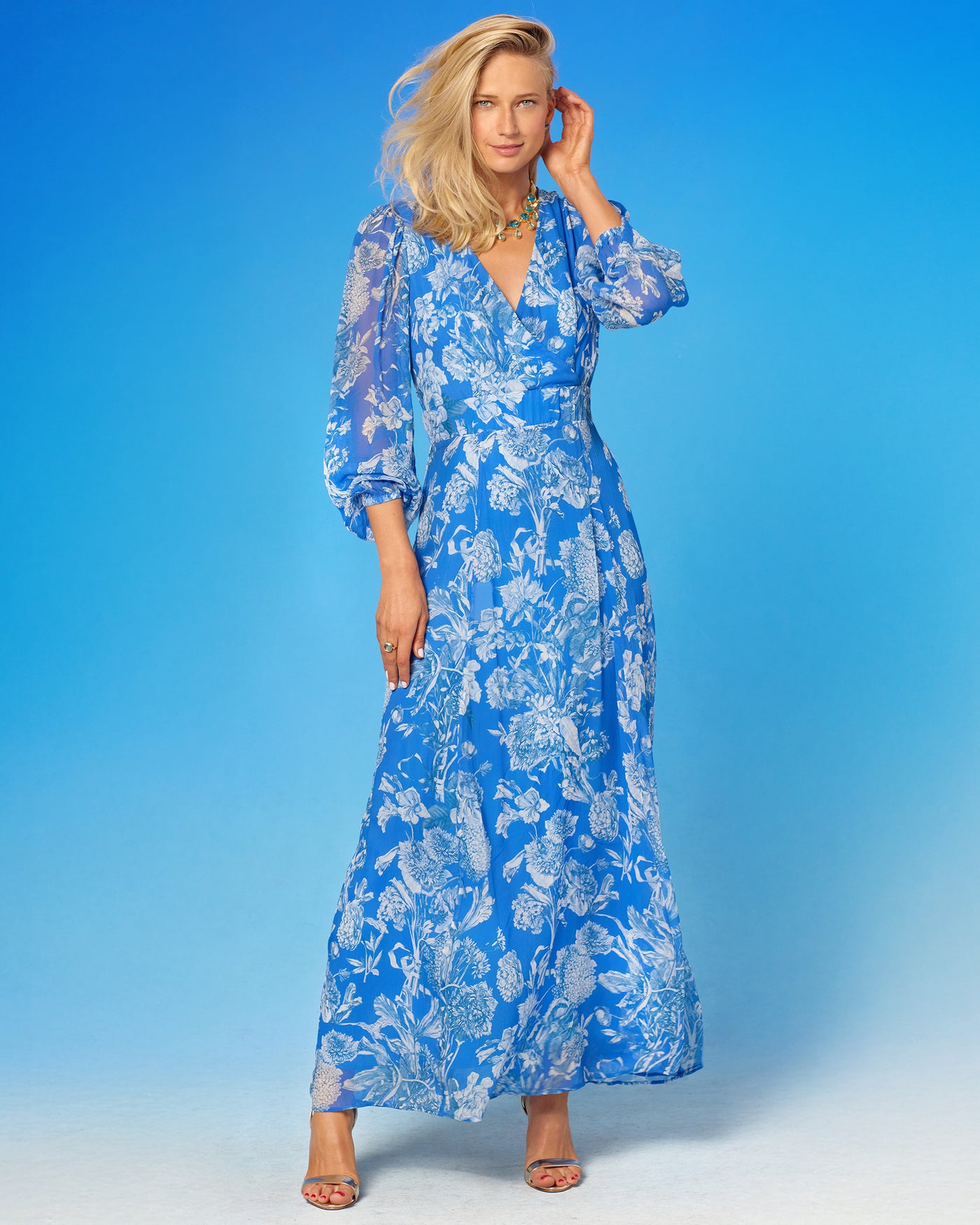 NicoBlu® Angelina Maxi Crinkle Chiffon Dress in Blue and White Floral Toile