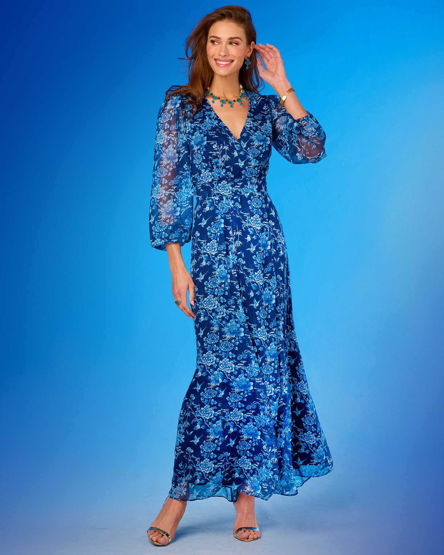 Angelina Maxi Crinkle Chiffon Dress in Navy Florals full length