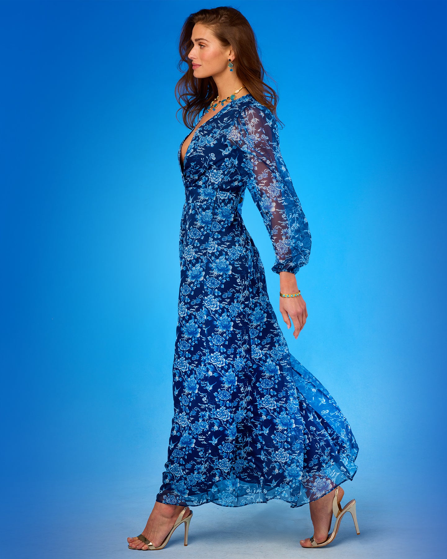 Angelina Maxi Crinkle Chiffon Dress in Navy Florals full length side view