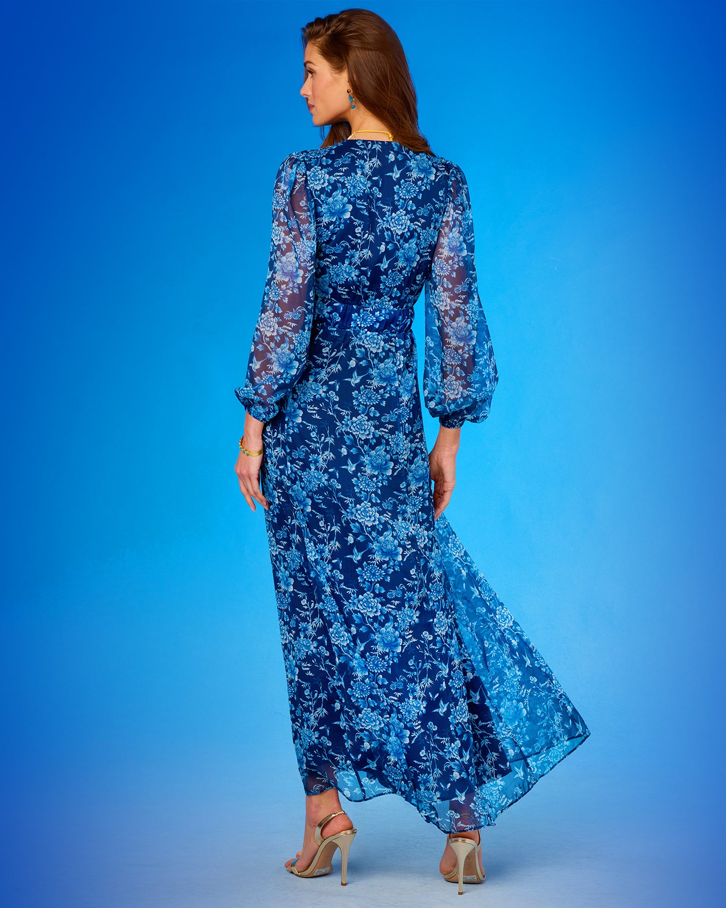 Angelina Maxi Crinkle Chiffon Dress in Navy Florals back view