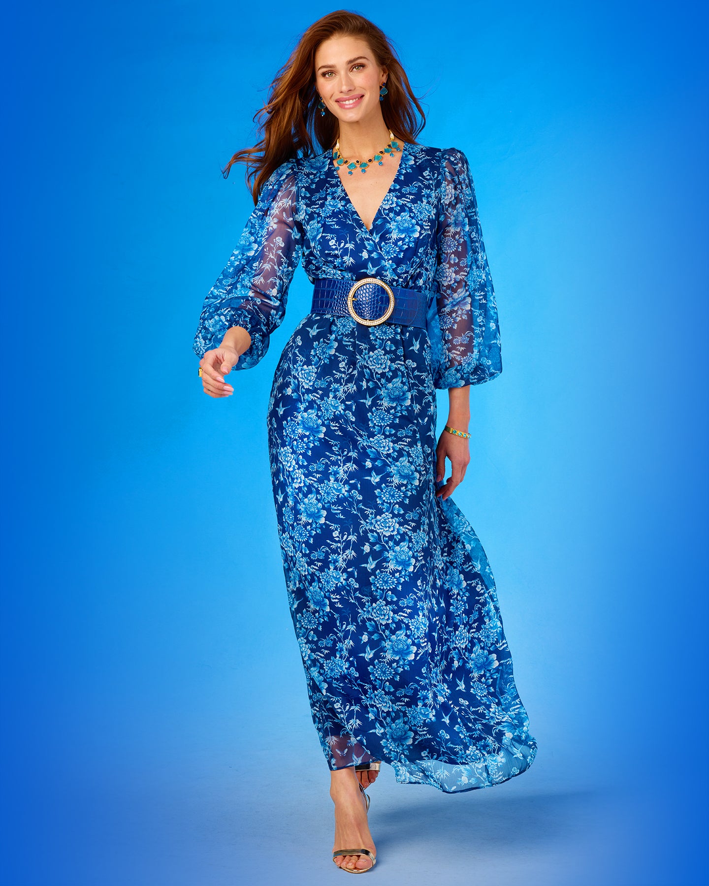 Angelina Maxi Crinkle Chiffon Dress in Navy Florals full length