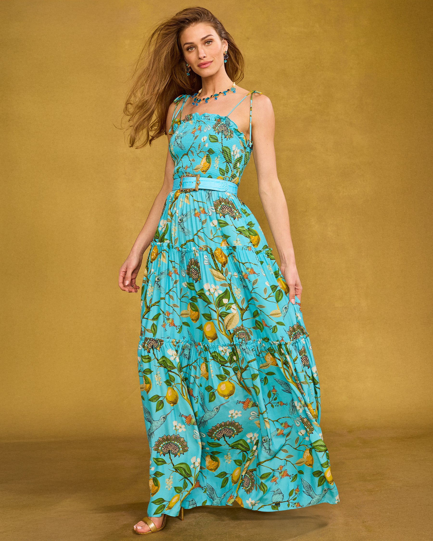Annabelle Maxi Dress in Flora Turquoise Hummingbird Print walking