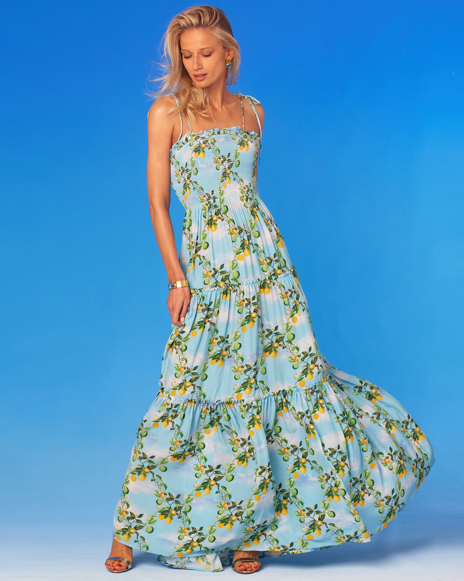 Annabelle Shirred Maxi Dress in French Citrus Trellis