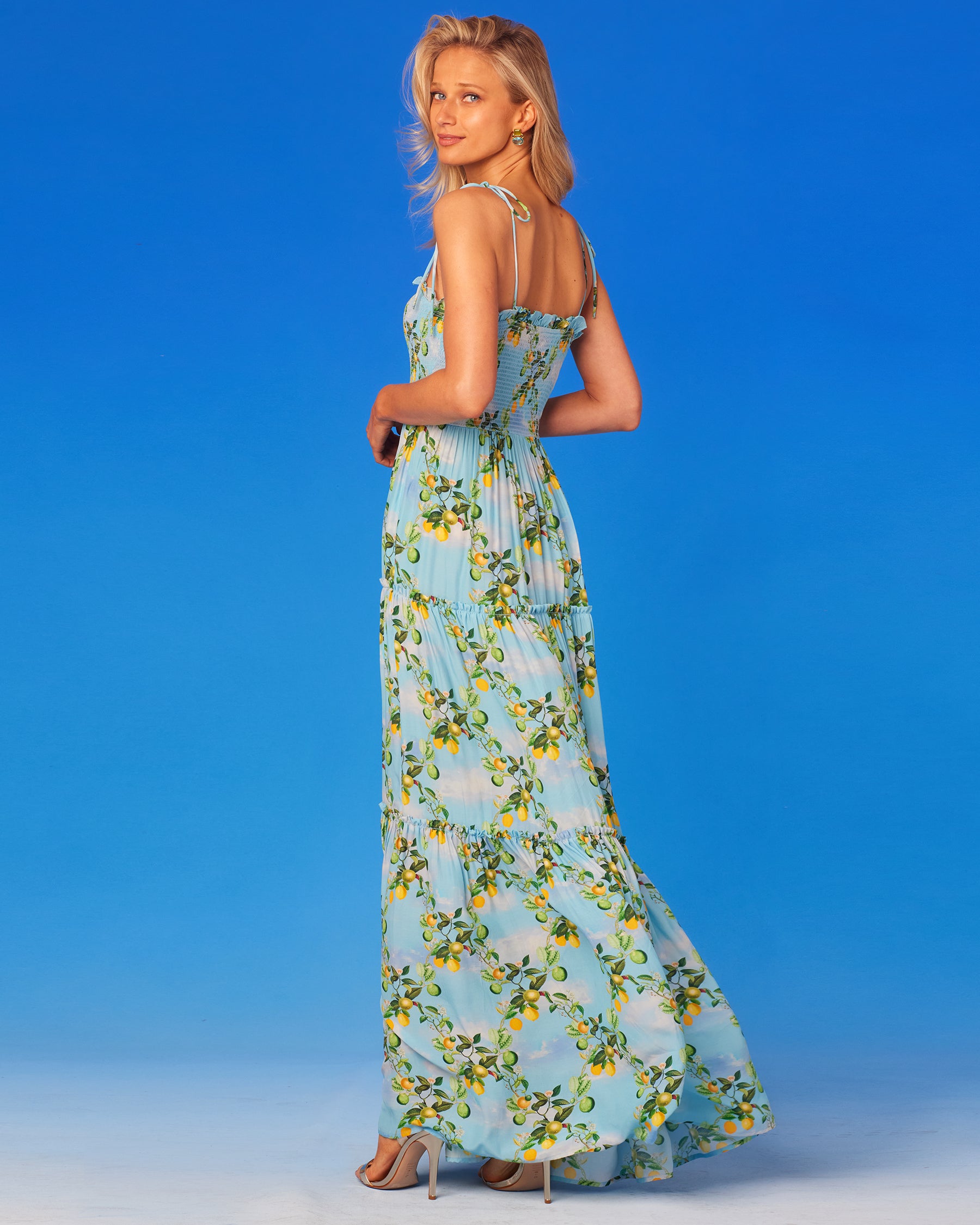 Annabelle Long Shirred Ruffle Dress in French Citrus Trellis-Back View