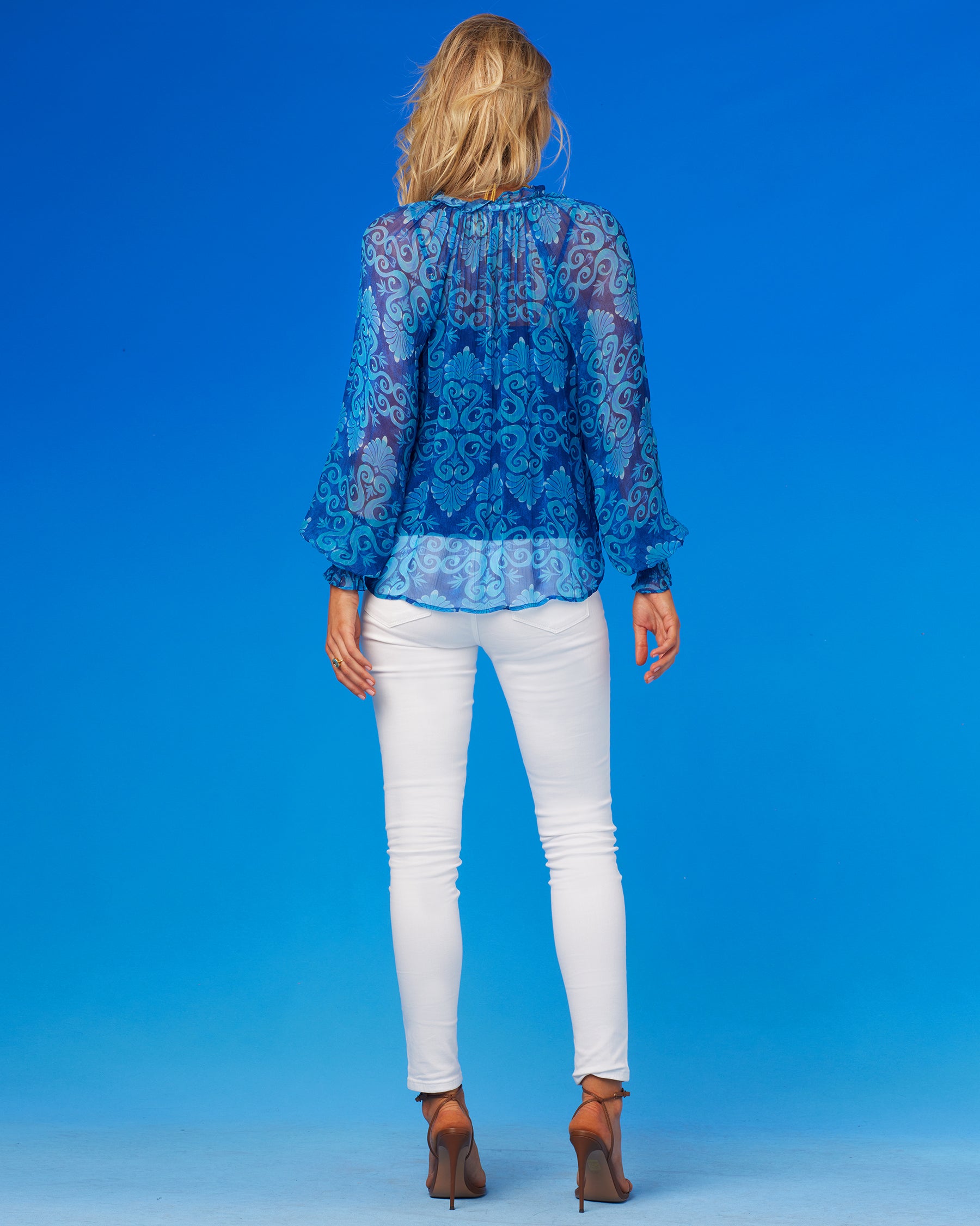 Artemisia Chiffon Peasant Blouse in Blue Mediterranean Swirl-Back View