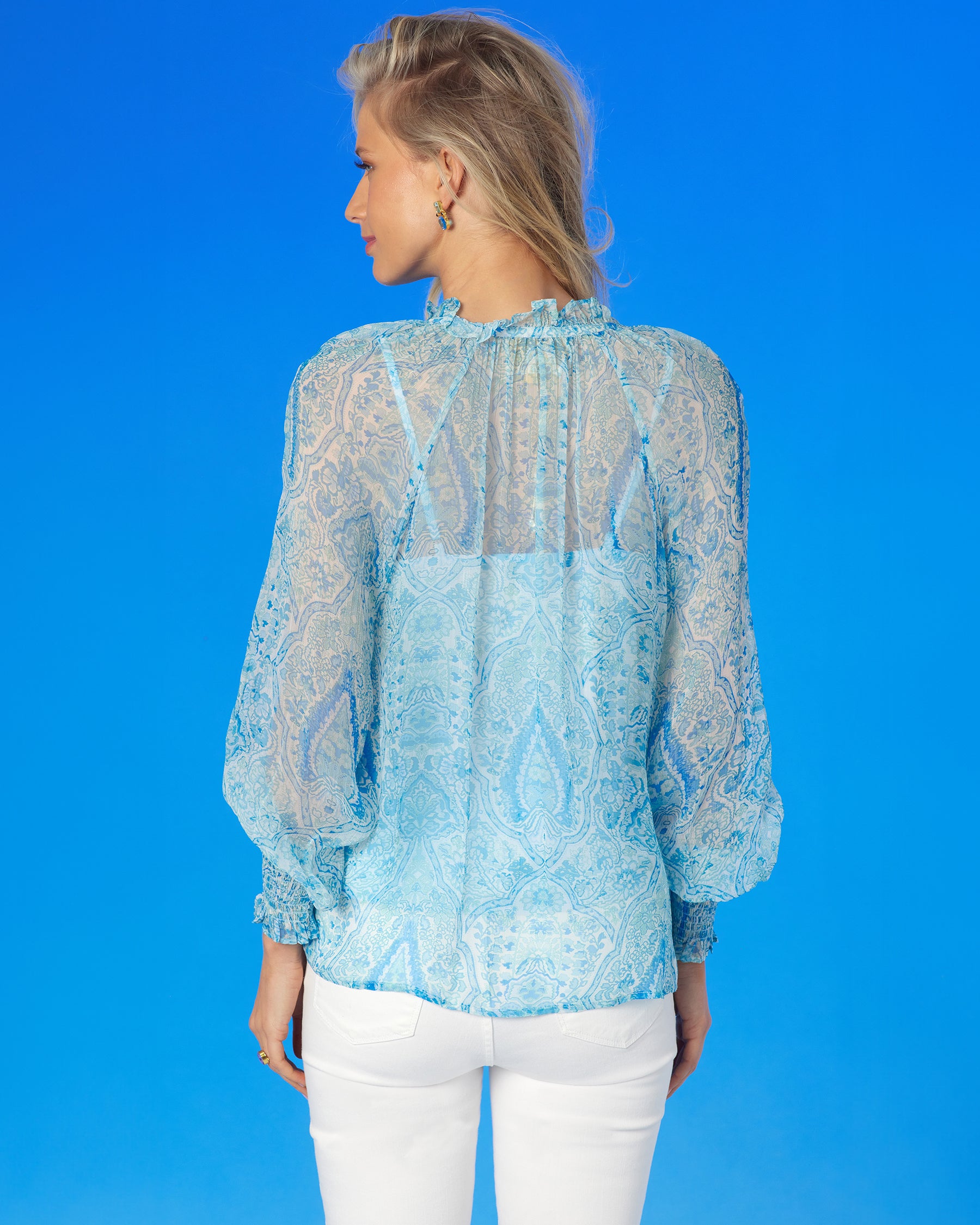 Artemisia Crinkle Chiffon Blouse in Turquoise Paisley-Back View