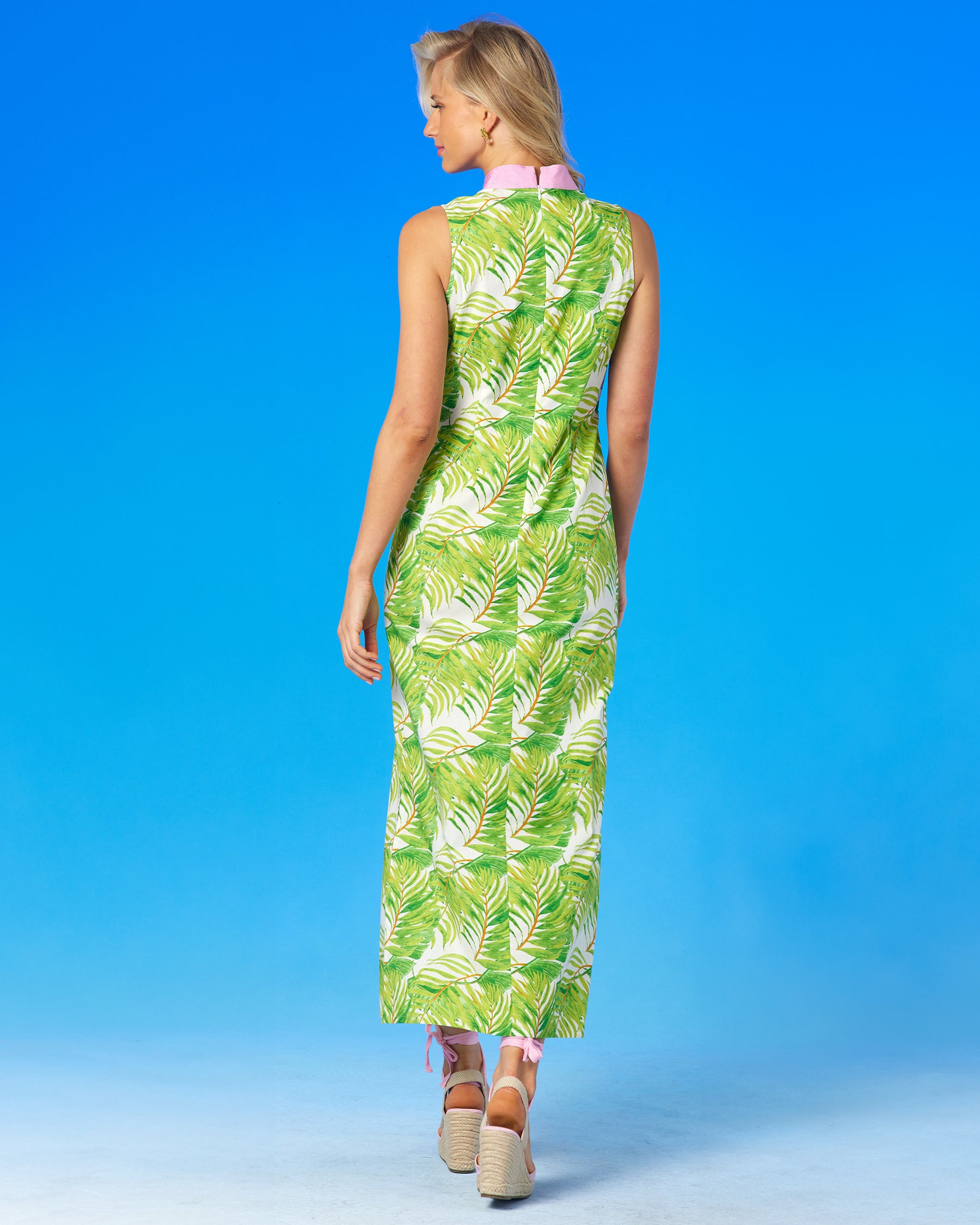 Ashley Sleeveless Long Dress in Undulating Palm Leaves-Back View