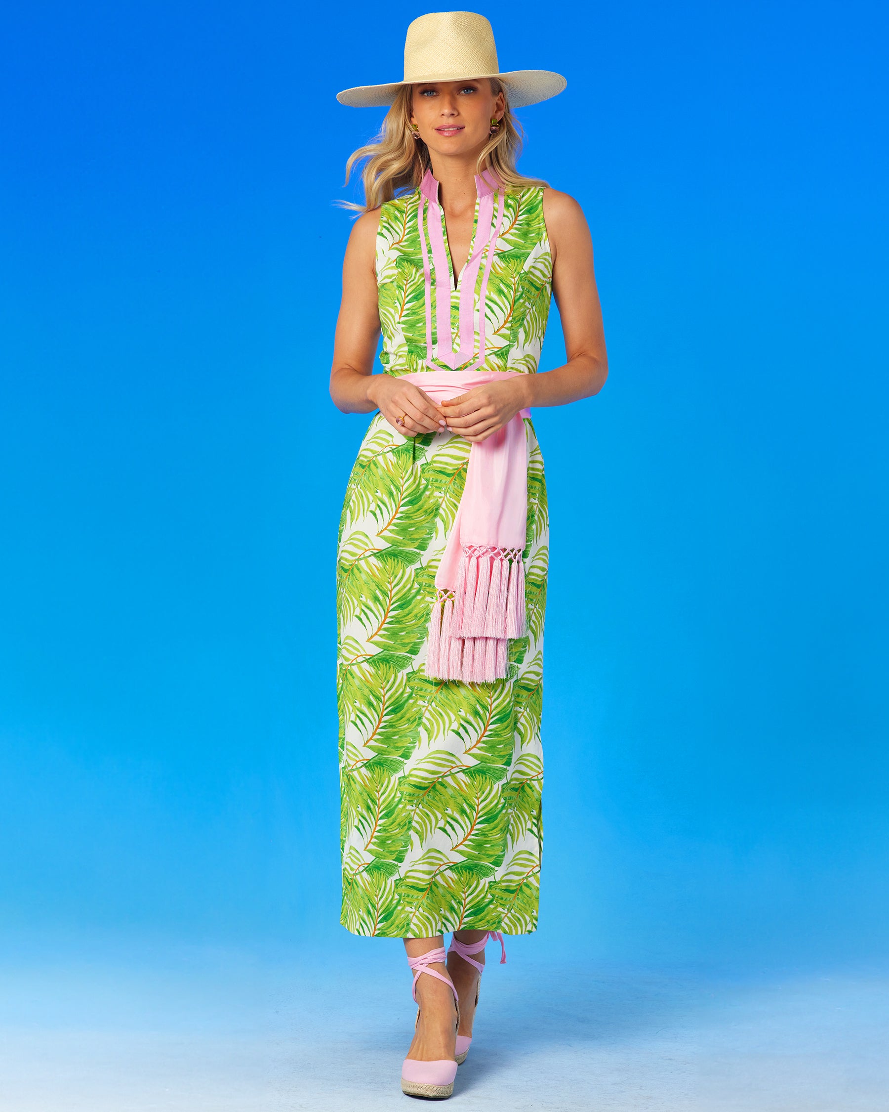 Ashley Sleeveless Long Dress in Undulating Palm Leaves-Worn with the Cosima Sash Belt in Blush Pink and Straw Hat