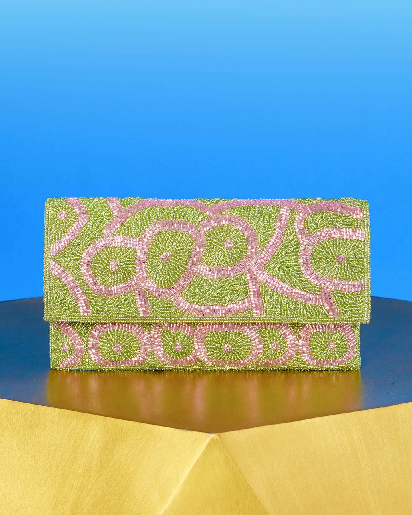 Front view of the Ginevra Clutch in Beaded Mint and Pink Florals