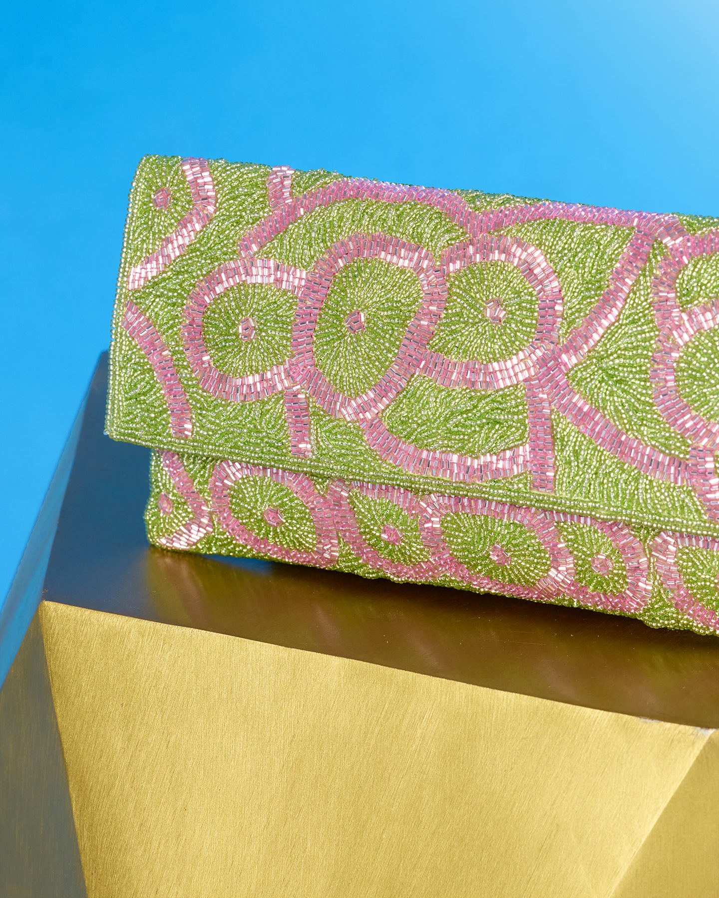 Detail view of the Ginevra Clutch in Beaded Mint and Pink Florals