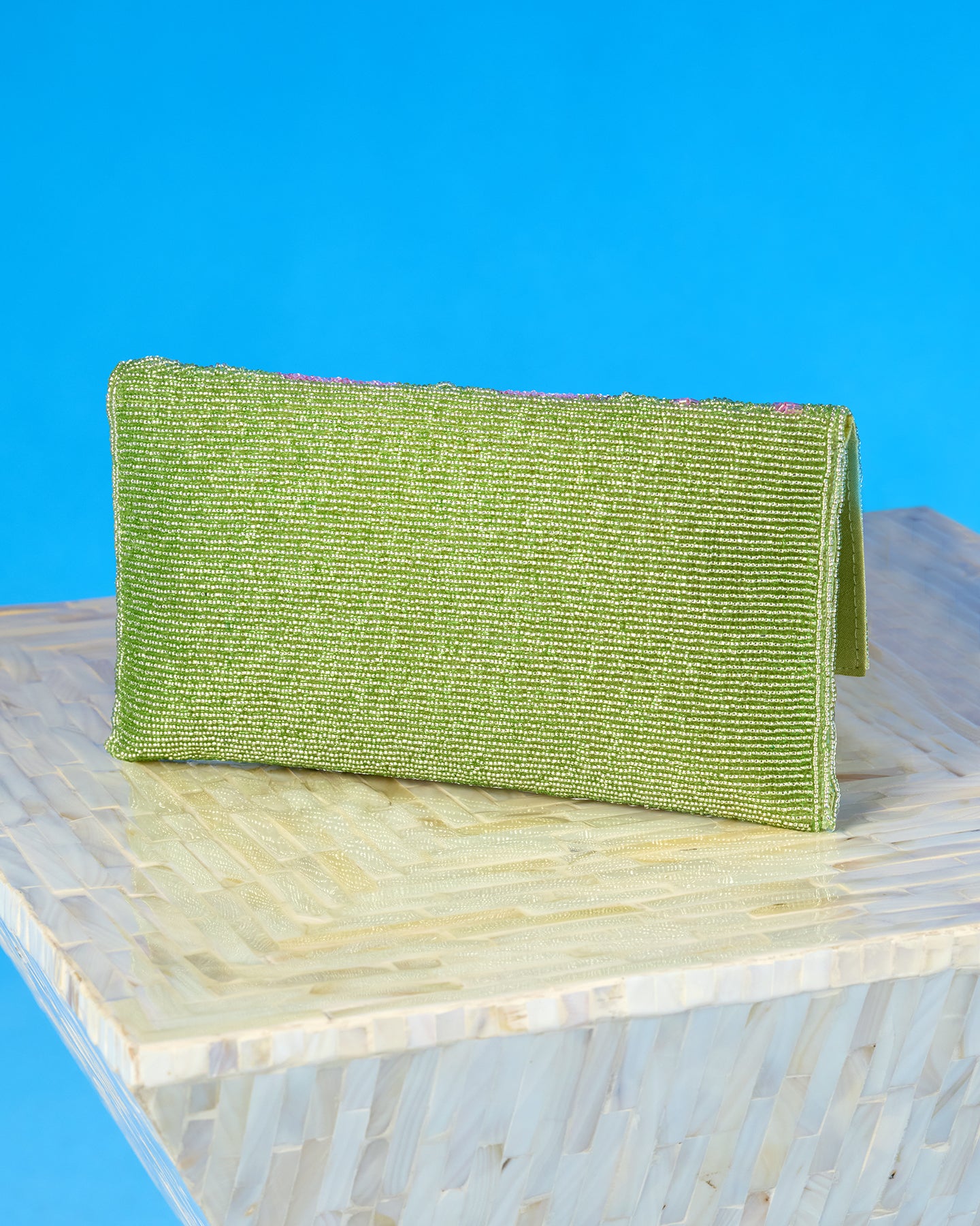 Ginevra Clutch in Beaded Mint and Pink Florals back view
