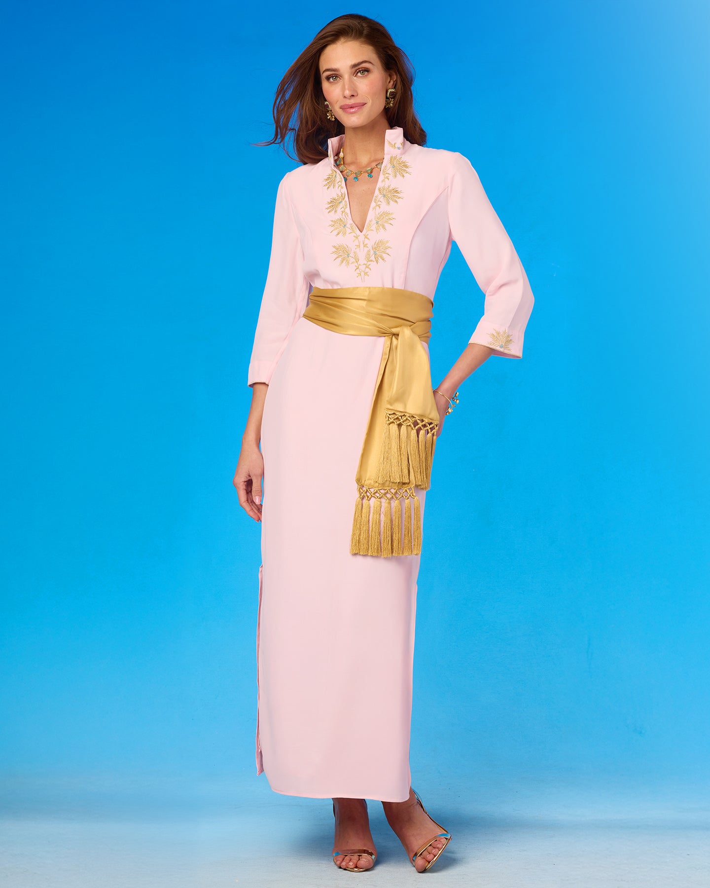 Aurelia Long Tunic Dress in Blush Pink and Gold Palm Embroidery