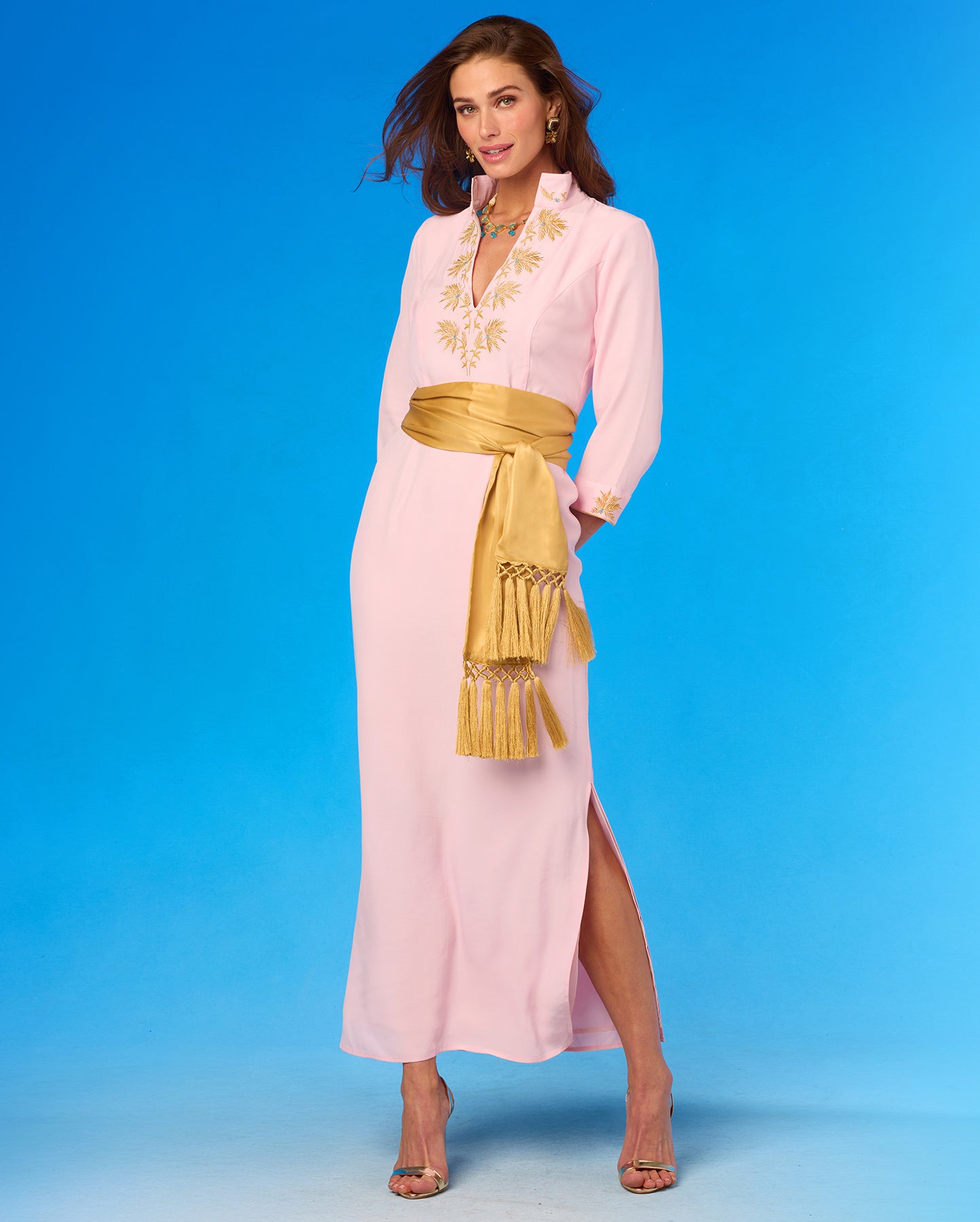 Cosima Sash Belt in Pale Gold Shimmer worn with the Aurelia Long Tunic Dress in Blush Pink and Gold Palm Embroidery
