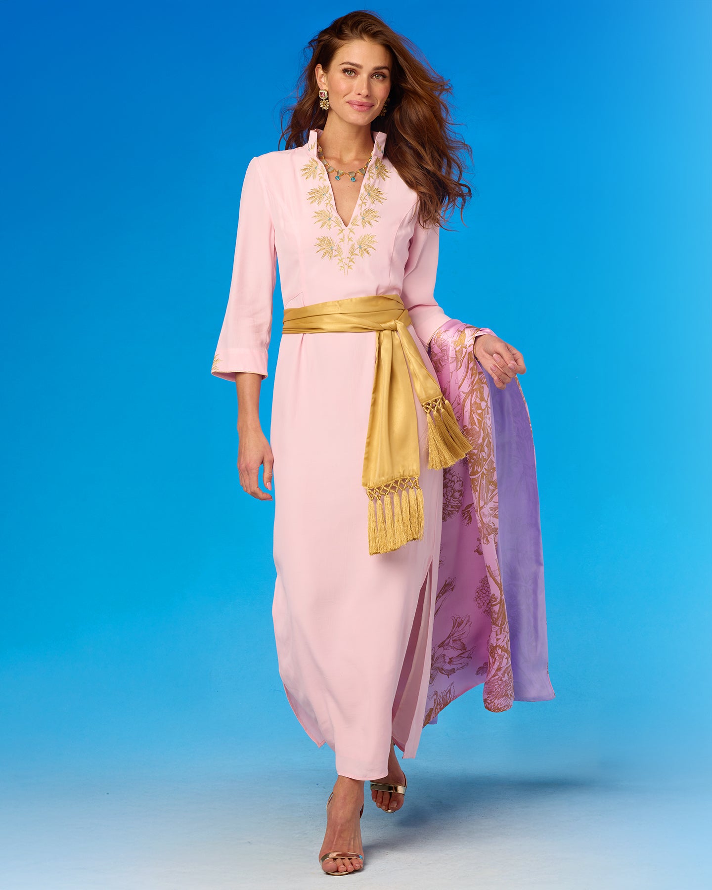 Cassidy Pink Silk Shawl in Gold Floral Toile worn with the Aurelia Long Tunic Dress in Blush Pink and Gold Palm Embroidery