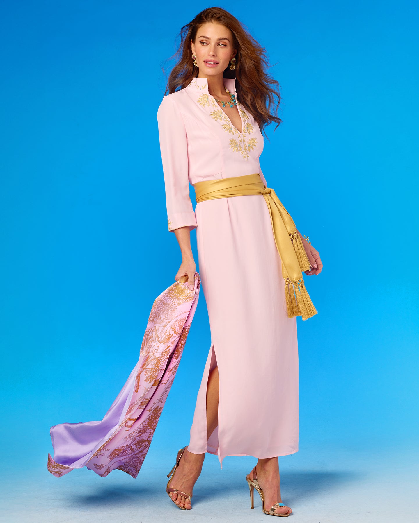 Cassidy Pink Silk Shawl in Gold Floral Toile