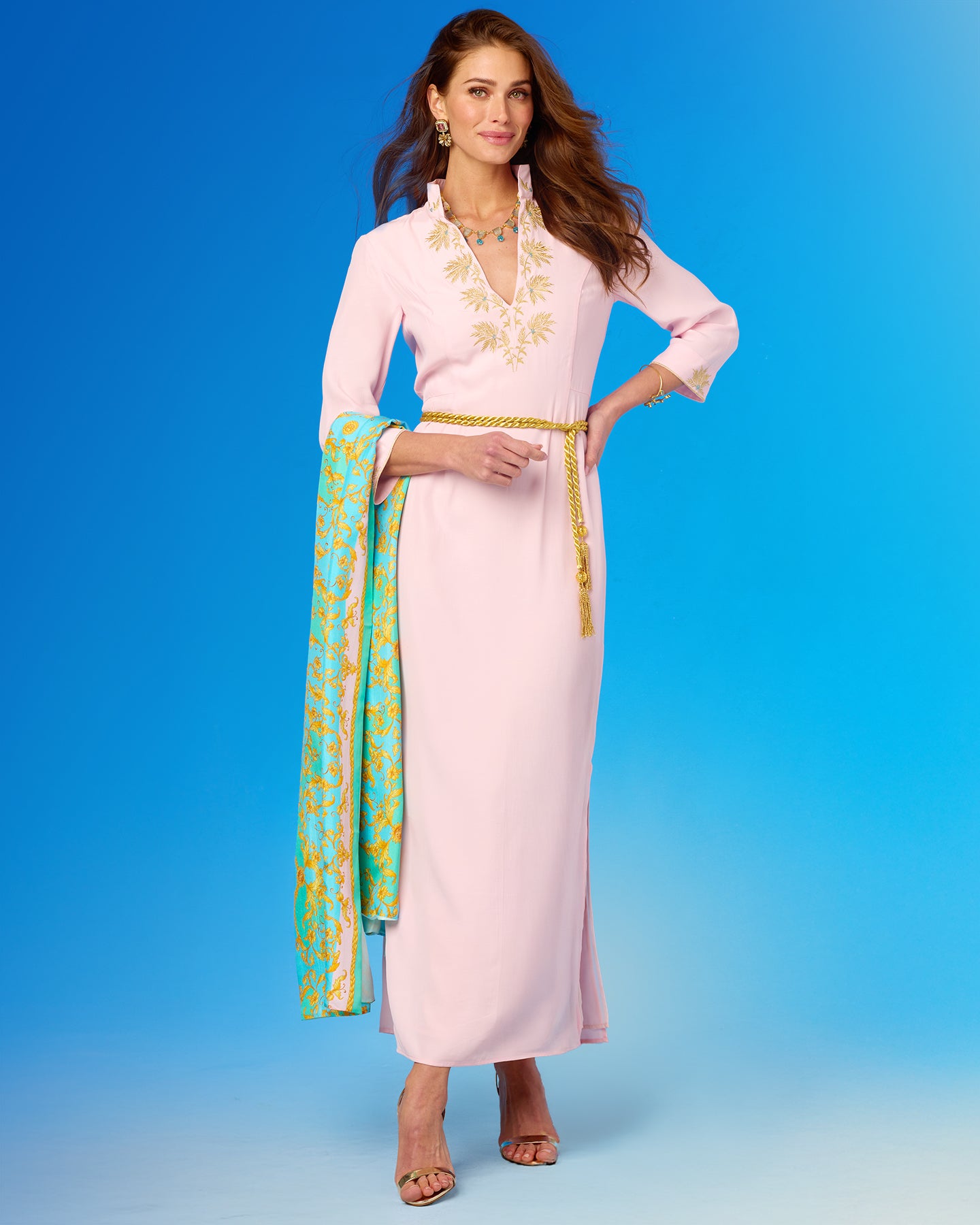 Cassidy Silk Shawl in Rococo Pastel worn with the Aurelia Long Tunic Dress in Blush Pink and Gold Palm Embroidery