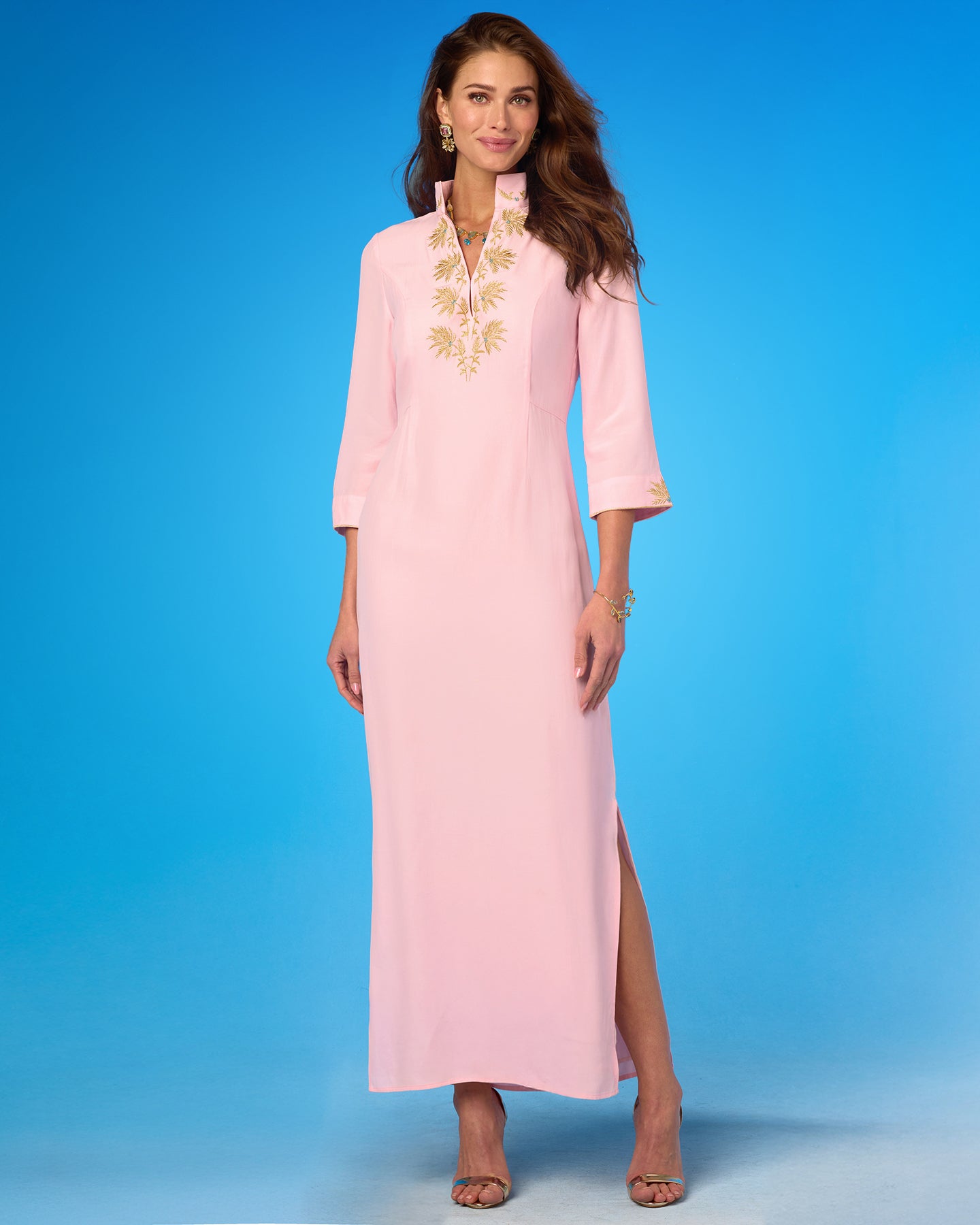 Aurelia Long Tunic Dress in Blush Pink and Gold Palm Embroidery full length