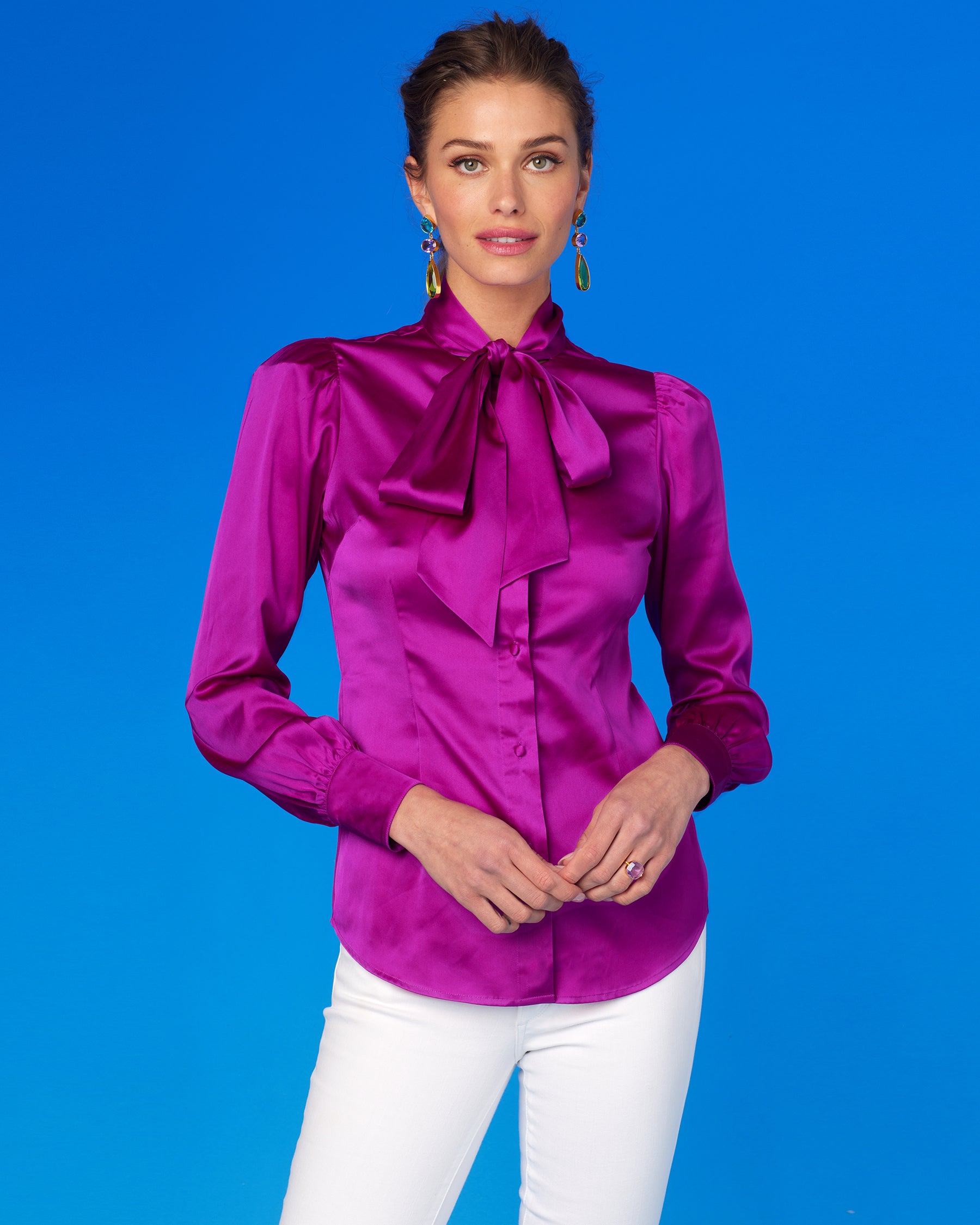 Aurelie Pussybow Blouse in Fuchsia Purple-Unticked Blouse Front View
