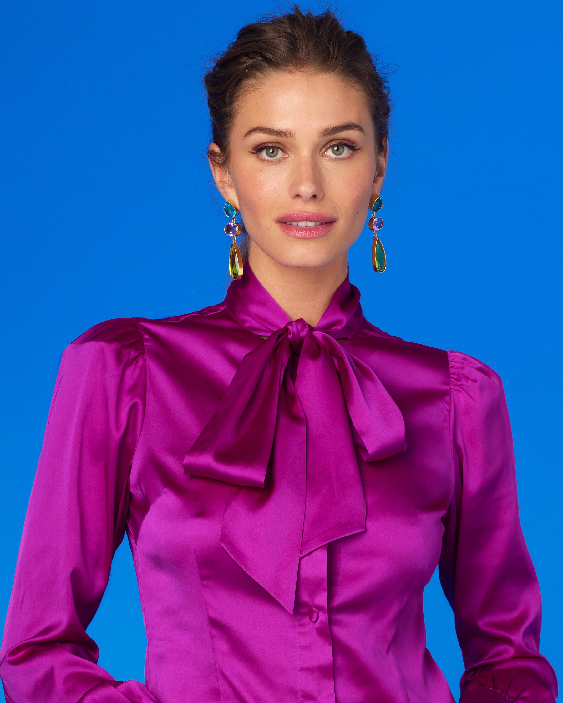 Aurelie Pussybow Blouse in Fuchsia Purple-Portrait