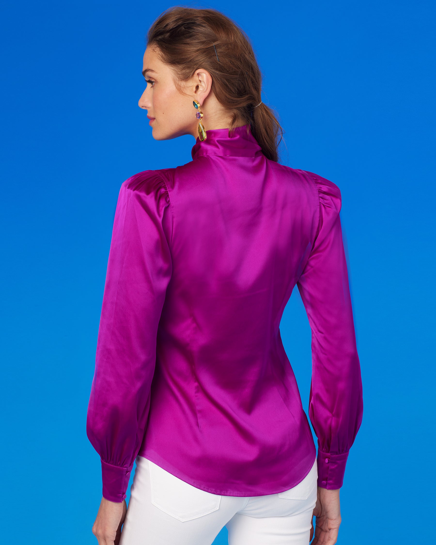 Aurelie Pussybow Blouse in Fuchsia Purple-Back View