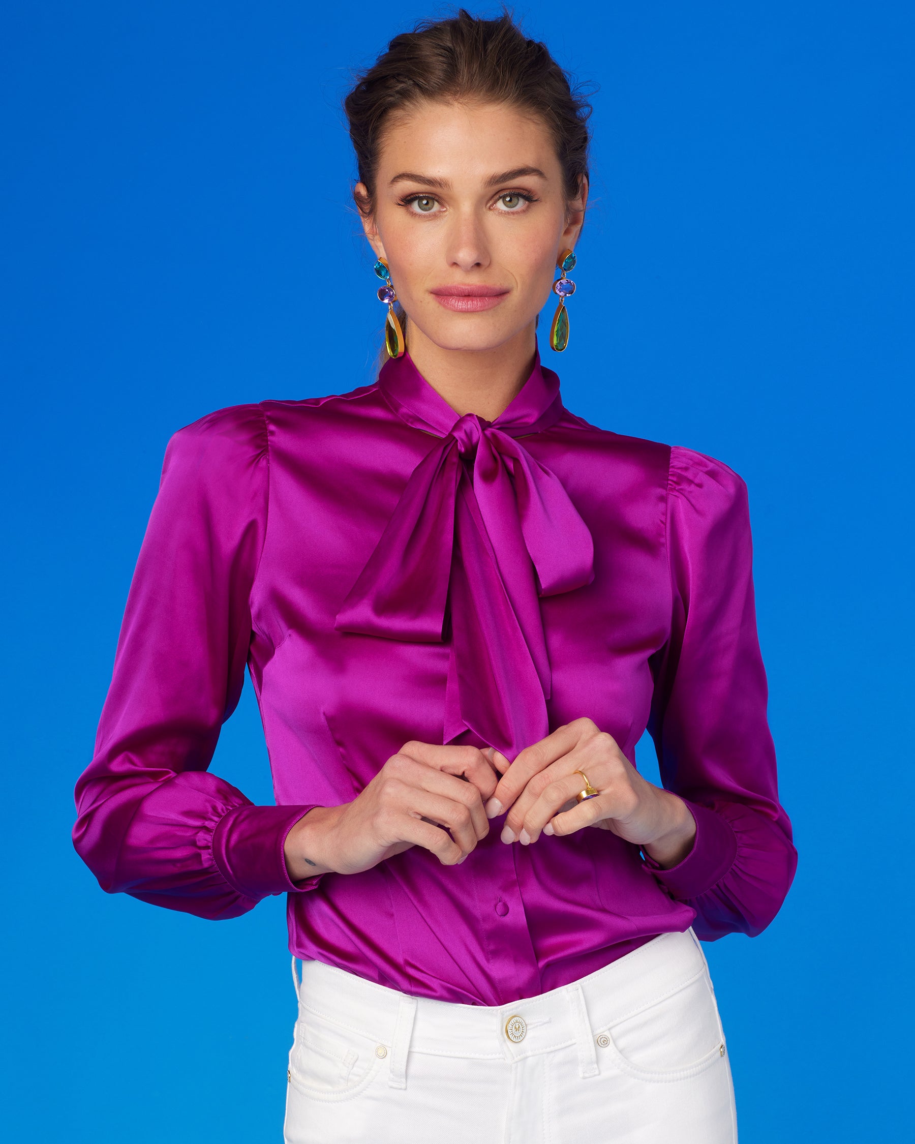 Aurelie Pussybow Blouse in Fuchsia Purple-Front View