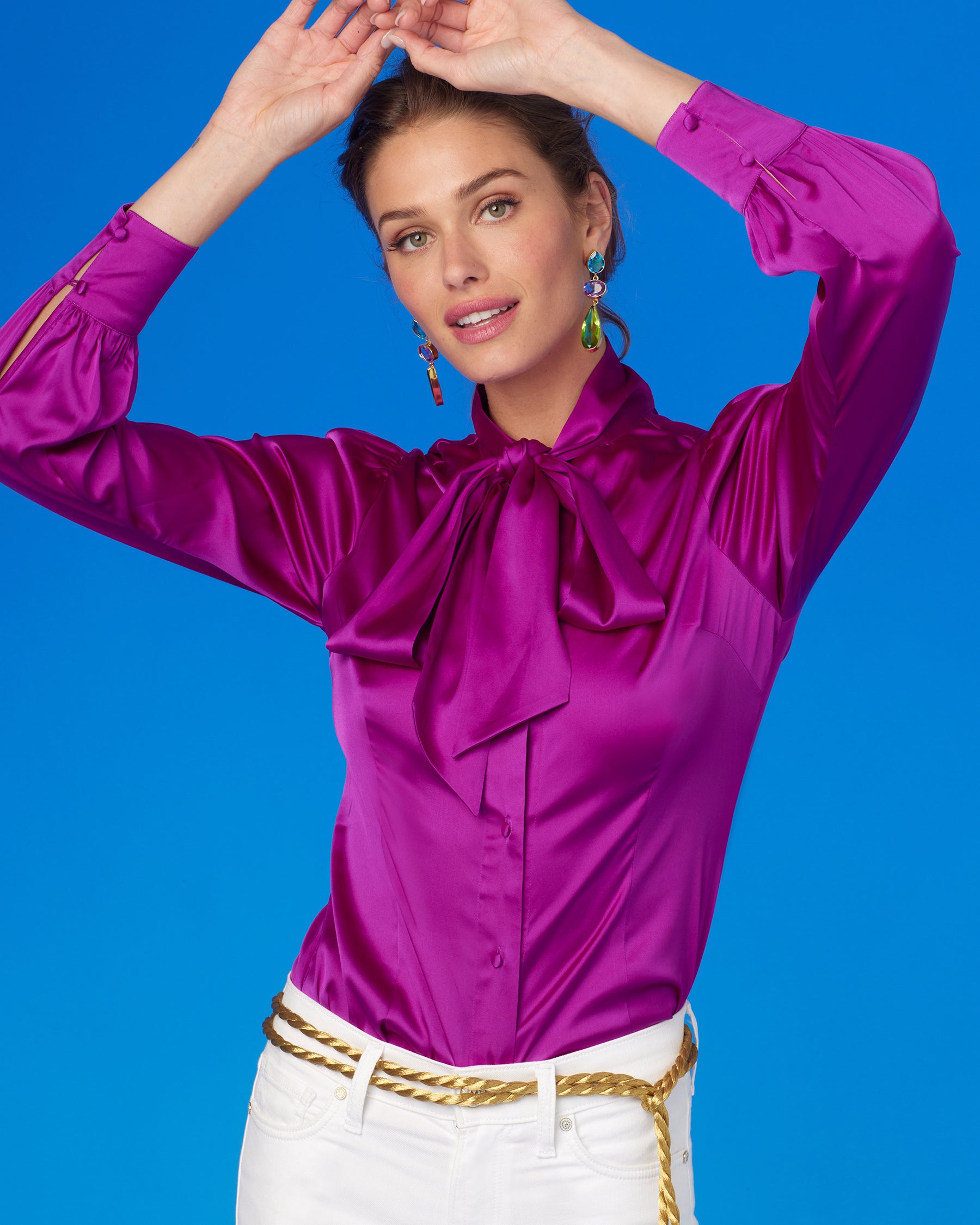 Aurelie Pussybow Blouse in Fuchsia Purple-Arms Up