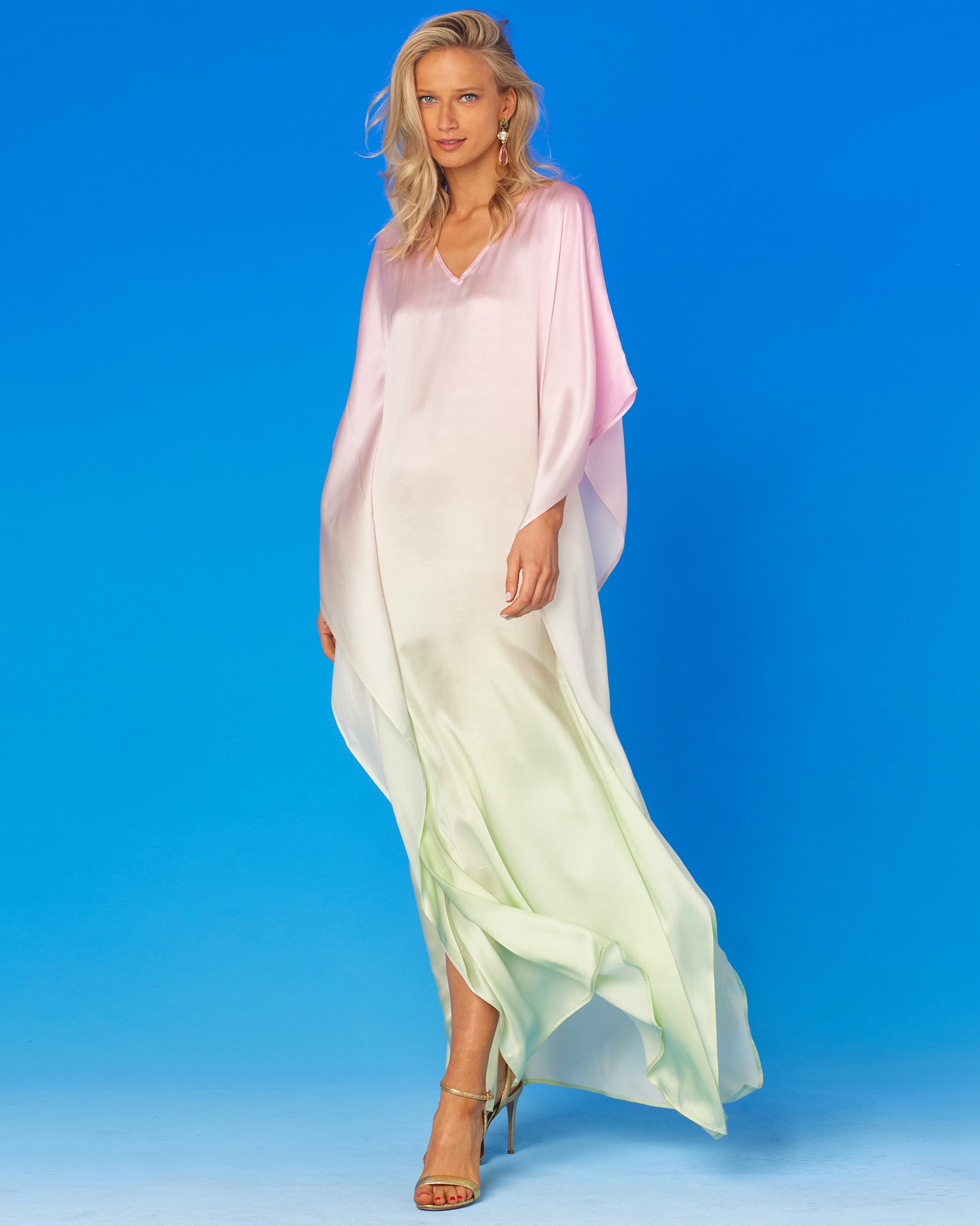Aurora Silk Kaftan in Rose Pink and Ambrosia Green OmbreAurora Silk Kaftan in Rose Pink and Ambrosia Green Ombre