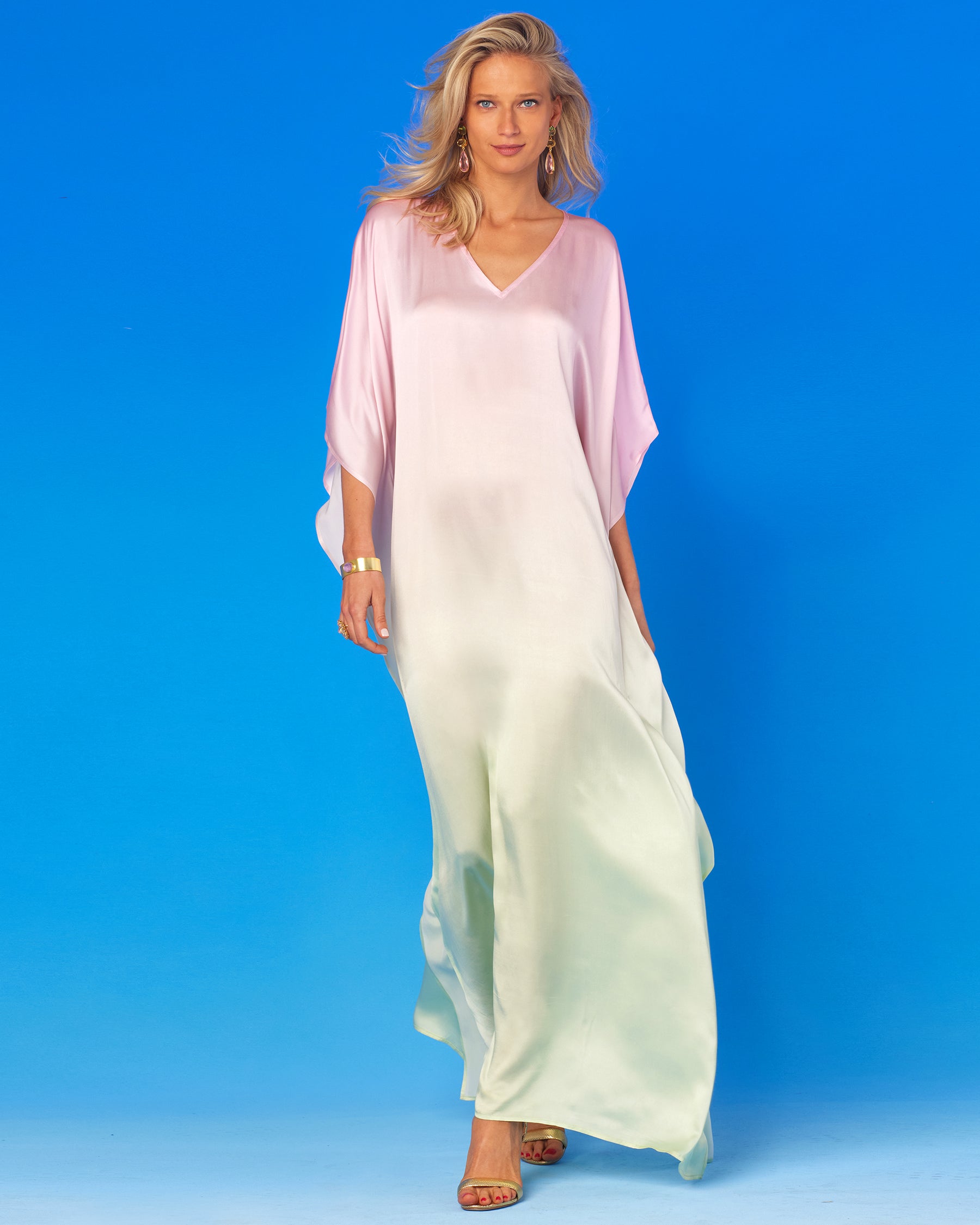 Aurora Silk Kaftan in Rose Pink and Ambrosia Green Ombre