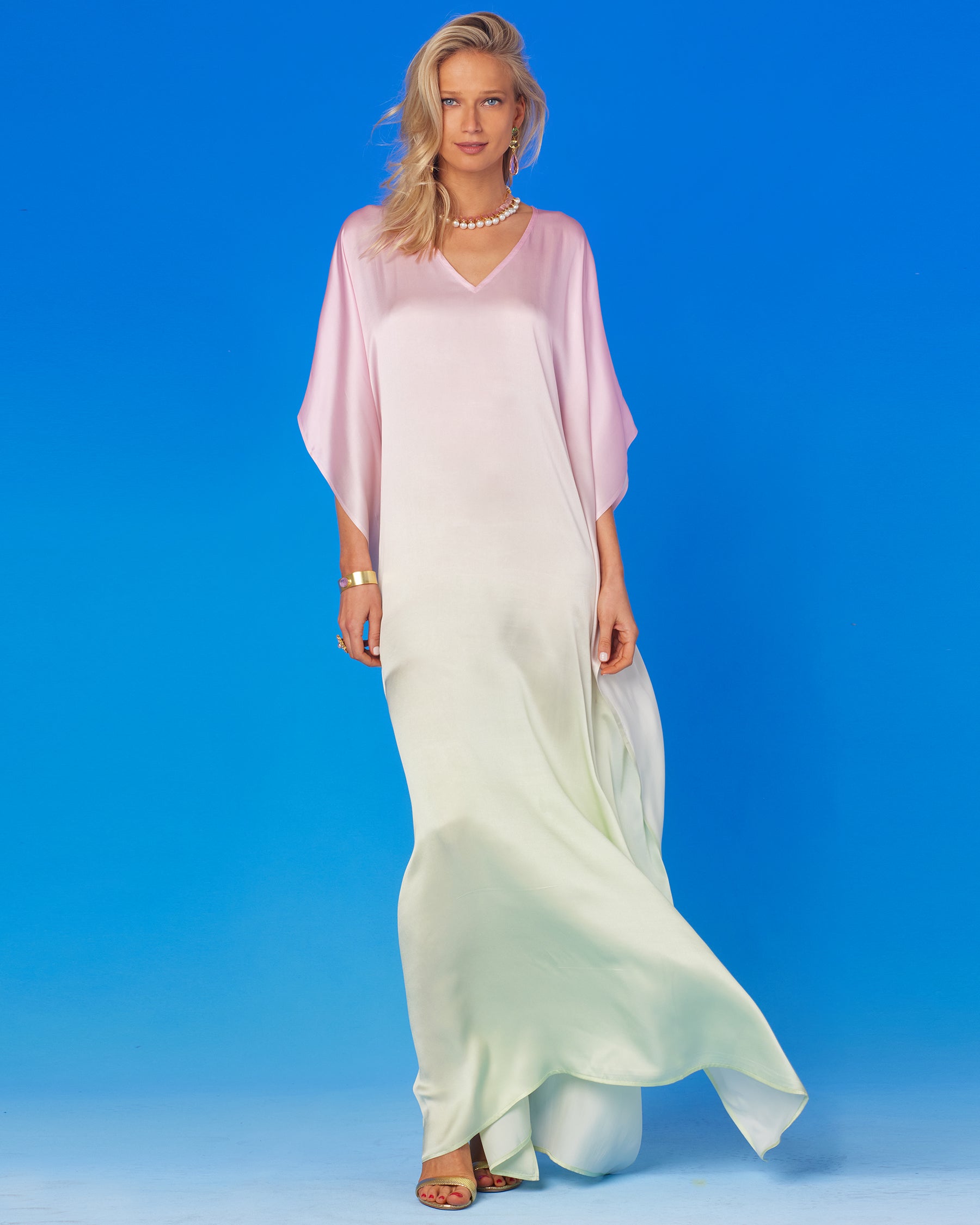 Aurora Silk Kaftan in Rose Pink and Ambrosia Green Ombre-Front View