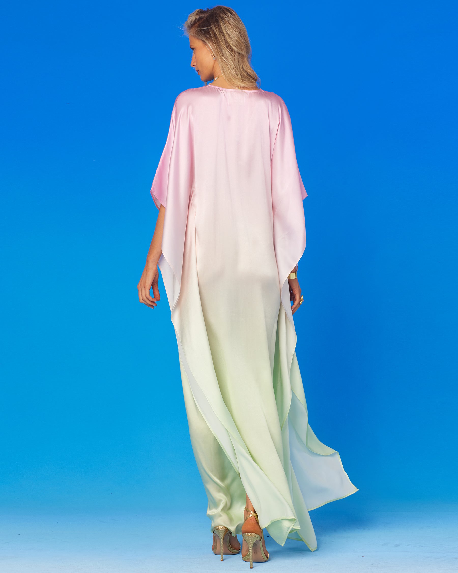 Aurora Silk Kaftan in Rose Pink and Ambrosia Green Ombre-Back View