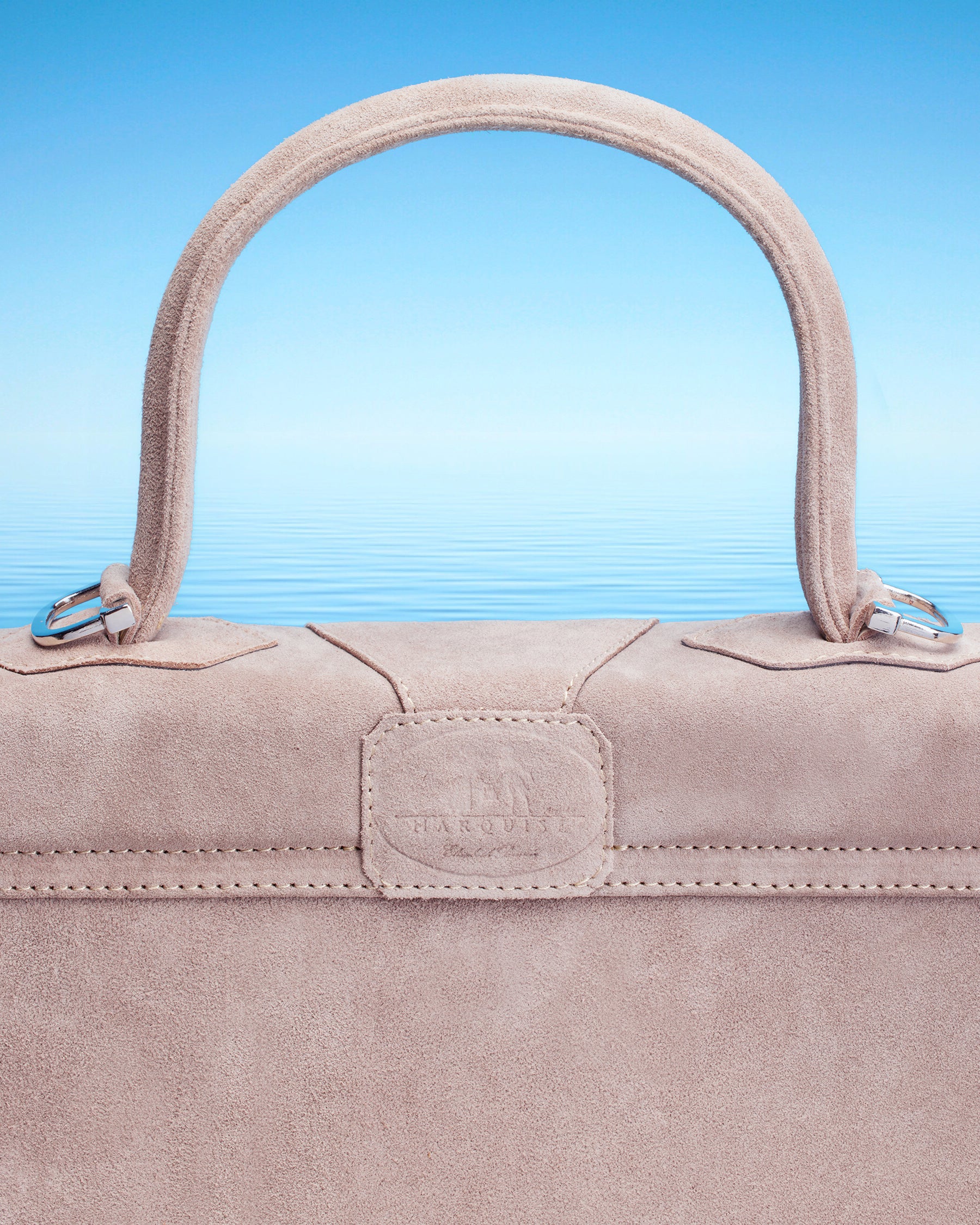 Marquise Paris Recontre Équestre Top Handle Shoulder Bag in Pastel Pink-Back View with Debossed Logo Detail