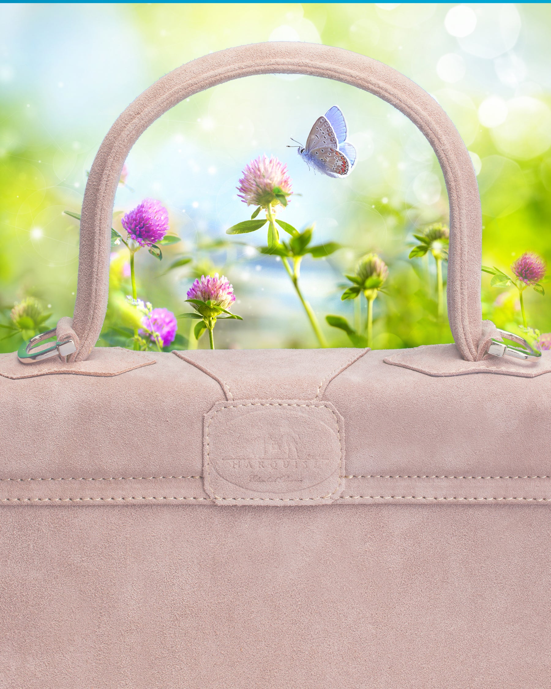 Back view detail of the Marquise Paris Champs-Élysées Equestrian Top Handle Shoulder Bag in Soft Pink