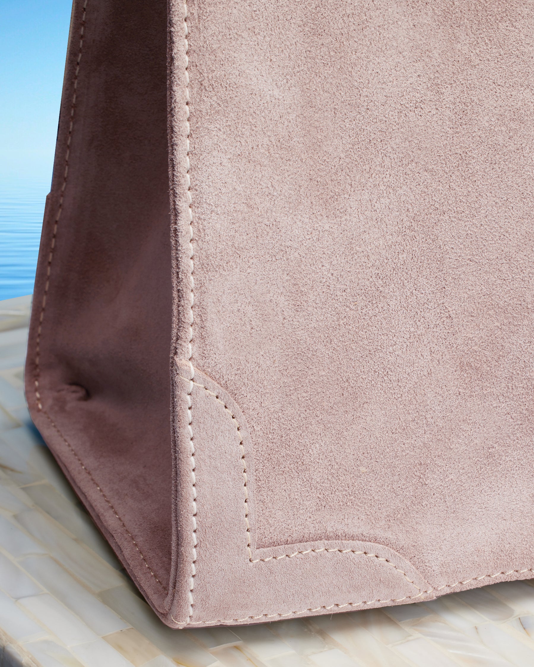 Marquise Paris Recontre Équestre Top Handle Shoulder Bag in Pastel Pink-Detail of Suede