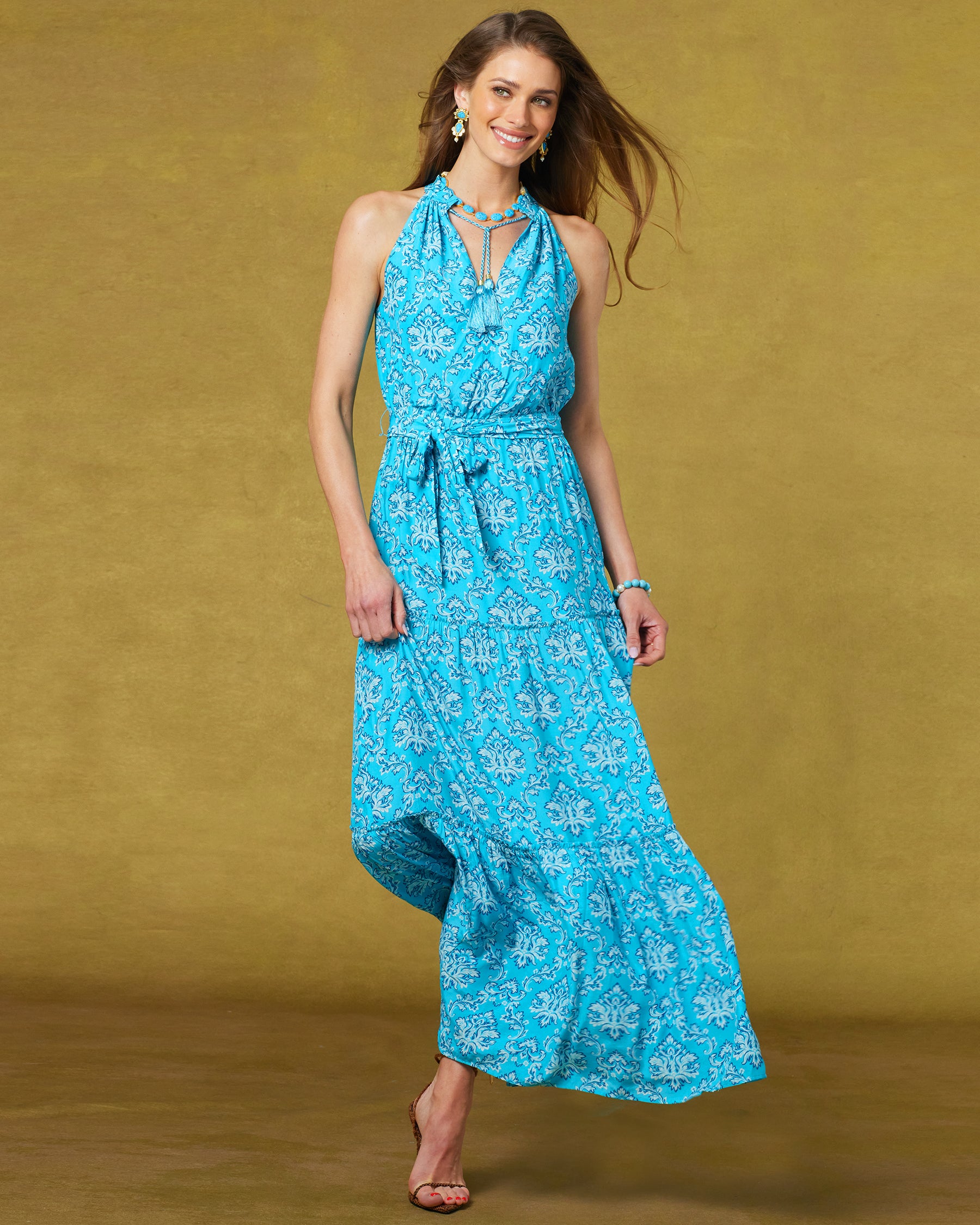 Bailey Halterneck Maxi Dress in Turquoise Baroque Florals-Front View Walking