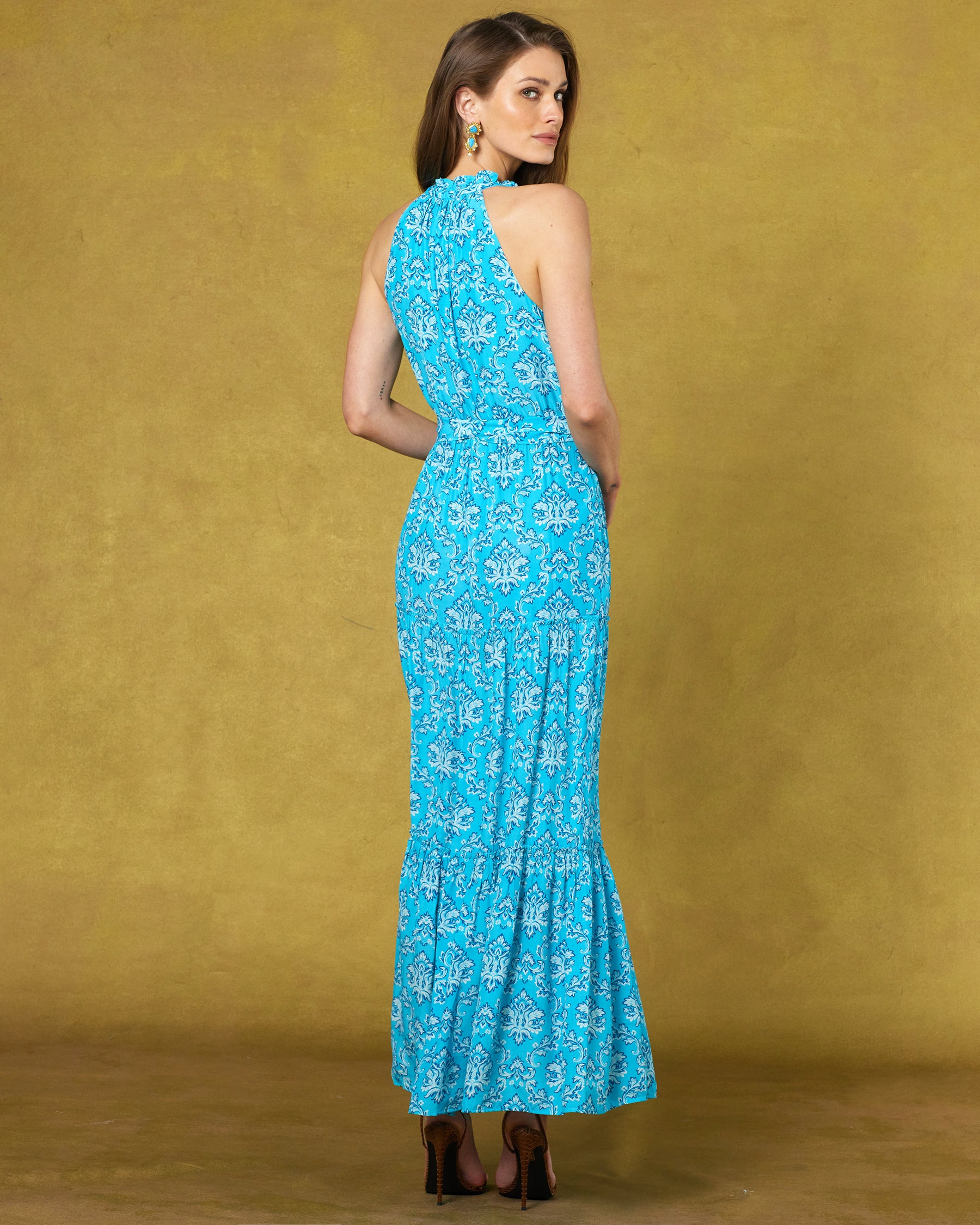 Bailey Halterneck Maxi Dress in Turquoise Baroque Florals-Back View
